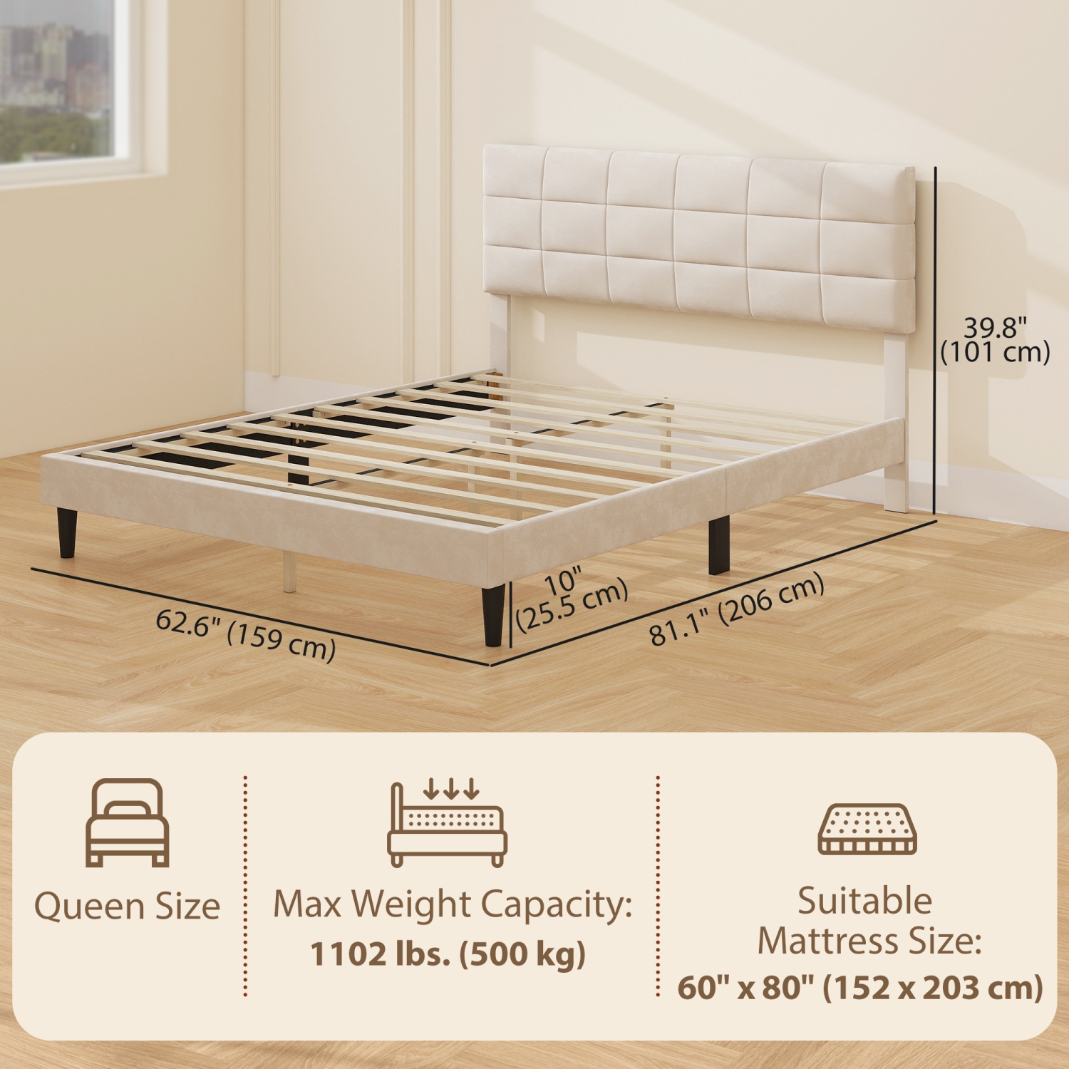 HOMCOM Queen Bed Frame with Headboard, 1100 lbs Upholstered Platform Bed Frame with Under Bed Storage, Wooden Slat Support, No Box Spring Needed,