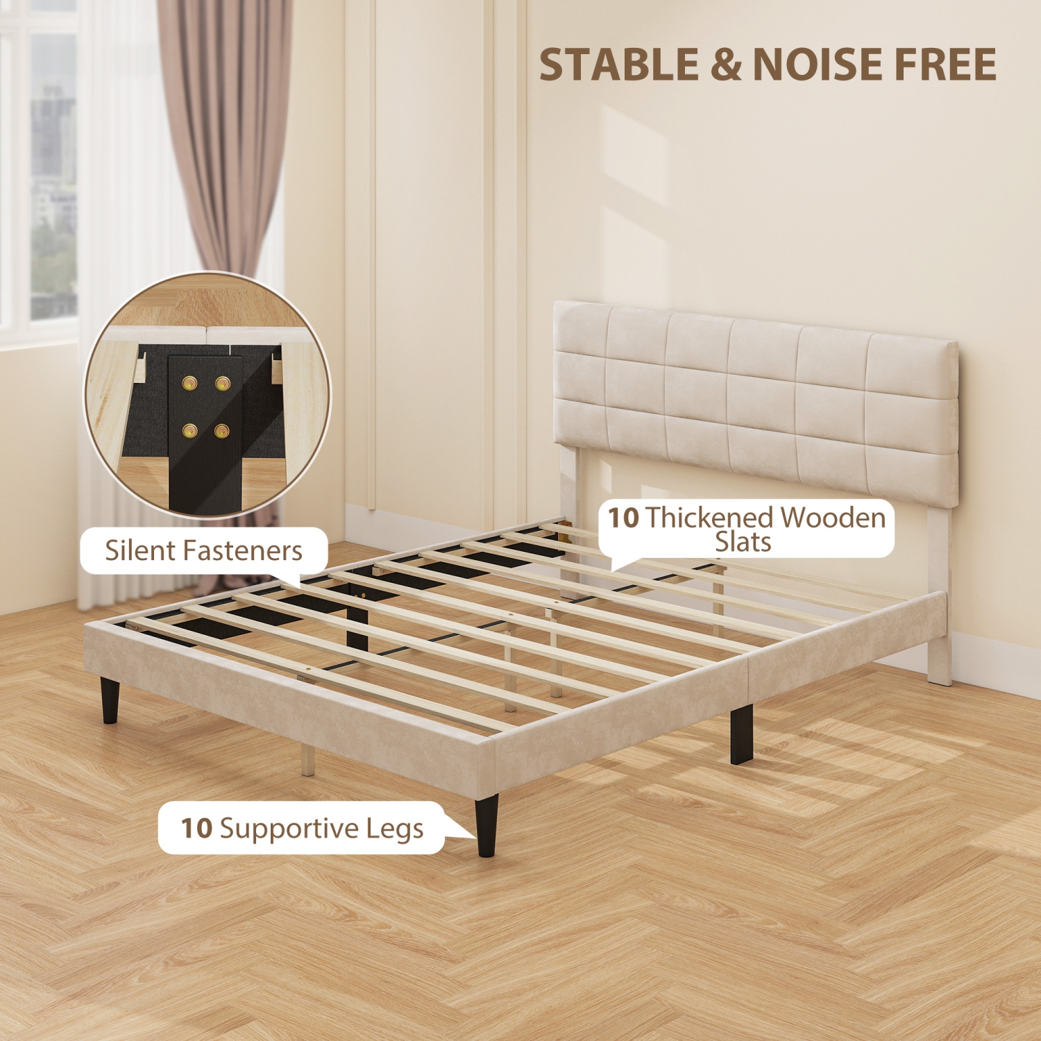 HOMCOM Queen Bed Frame with Headboard, 1100 lbs Upholstered Platform Bed Frame with Under Bed Storage, Wooden Slat Support, No Box Spring Needed,