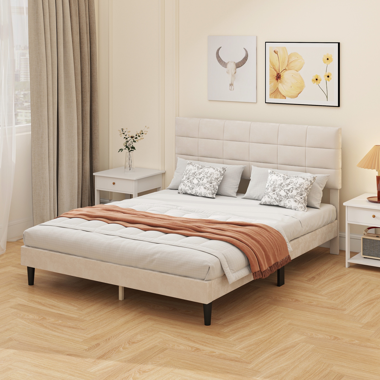 HOMCOM Queen Bed Frame with Headboard, 1100 lbs Upholstered Platform Bed Frame with Under Bed Storage, Wooden Slat Support, No Box Spring Needed,