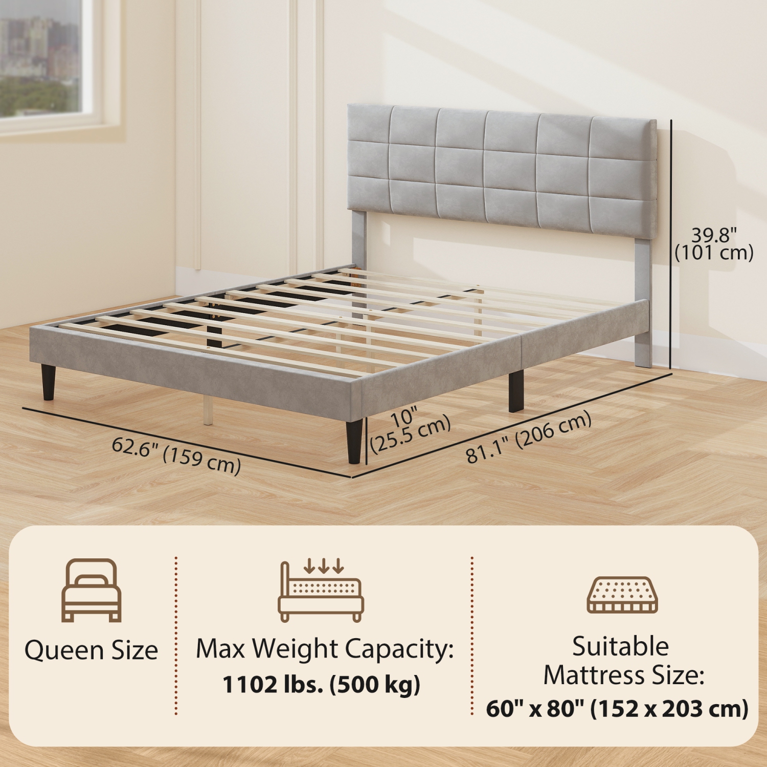 HOMCOM Queen Bed Frame with Headboard, 1100 lbs Upholstered Platform Bed Frame with Under Bed Storage, Wooden Slat Support, No Box Spring Needed,