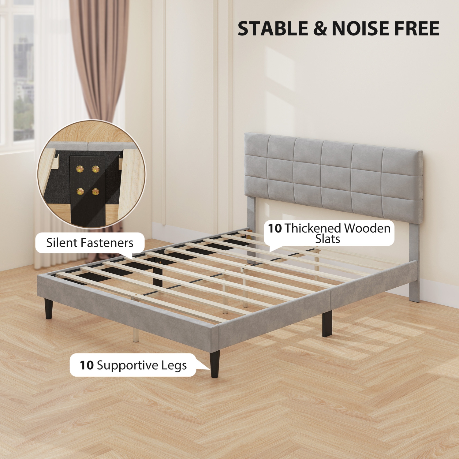 HOMCOM Queen Bed Frame with Headboard, 1100 lbs Upholstered Platform Bed Frame with Under Bed Storage, Wooden Slat Support, No Box Spring Needed,