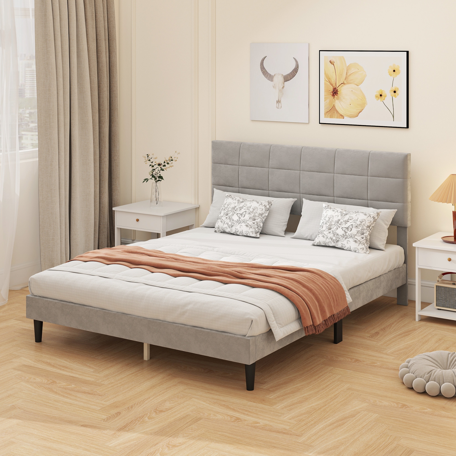 HOMCOM Queen Bed Frame with Headboard, 1100 lbs Upholstered Platform Bed Frame with Under Bed Storage, Wooden Slat Support, No Box Spring Needed,