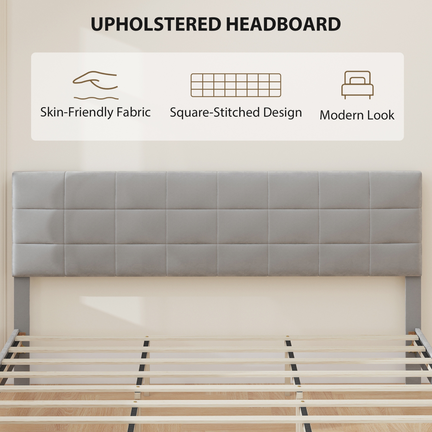 Cadre de très grand lit et tête de lit de HOMCOM, cadre de lit plateforme recouvert 1100 lb avec rangement sous le lit, support de lattes en