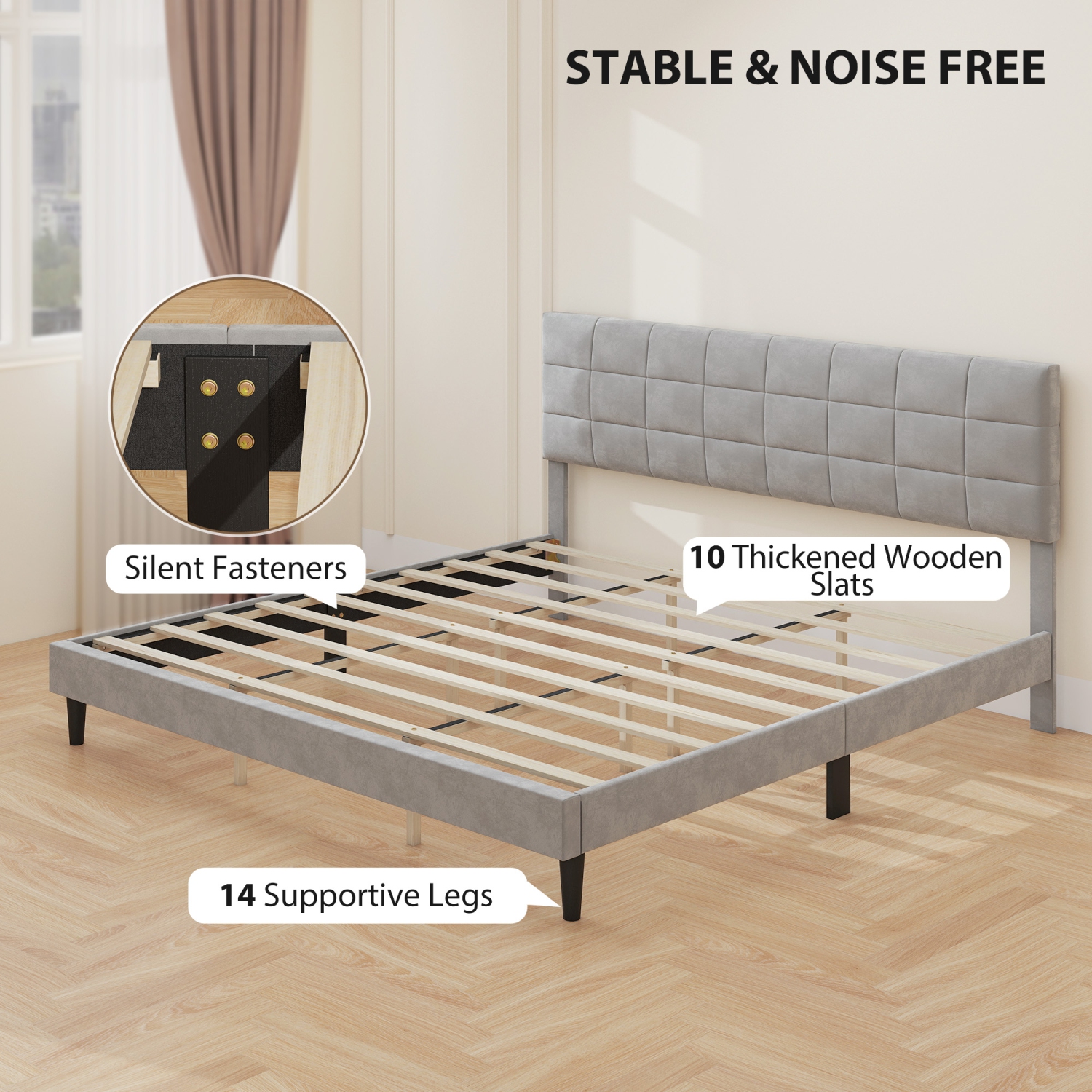 Cadre de très grand lit et tête de lit de HOMCOM, cadre de lit plateforme recouvert 1100 lb avec rangement sous le lit, support de lattes en