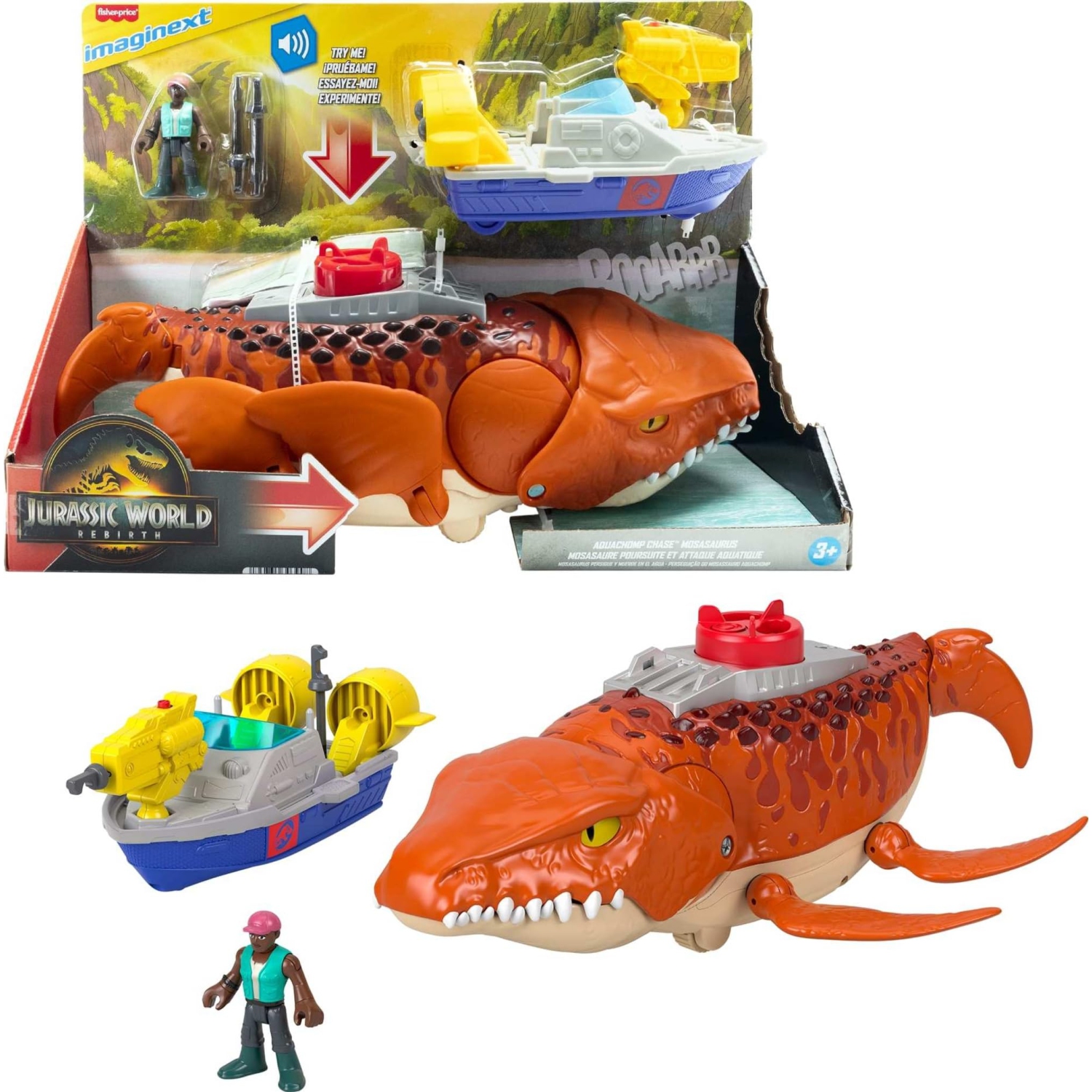 Fisher-Price Imaginext Jurassic World Rebirth Aquachomp Chase Mosasaurus 18-inch Dinosaur Toy with 3-inch Action Figure,