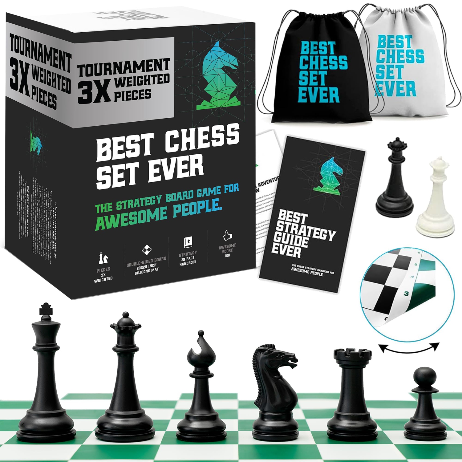 Best Chess Set Ever 3X Triple Weighted Tournament Size Chess Board Set (4" King) Large Staunton Modern Pieces, 20x20 Big