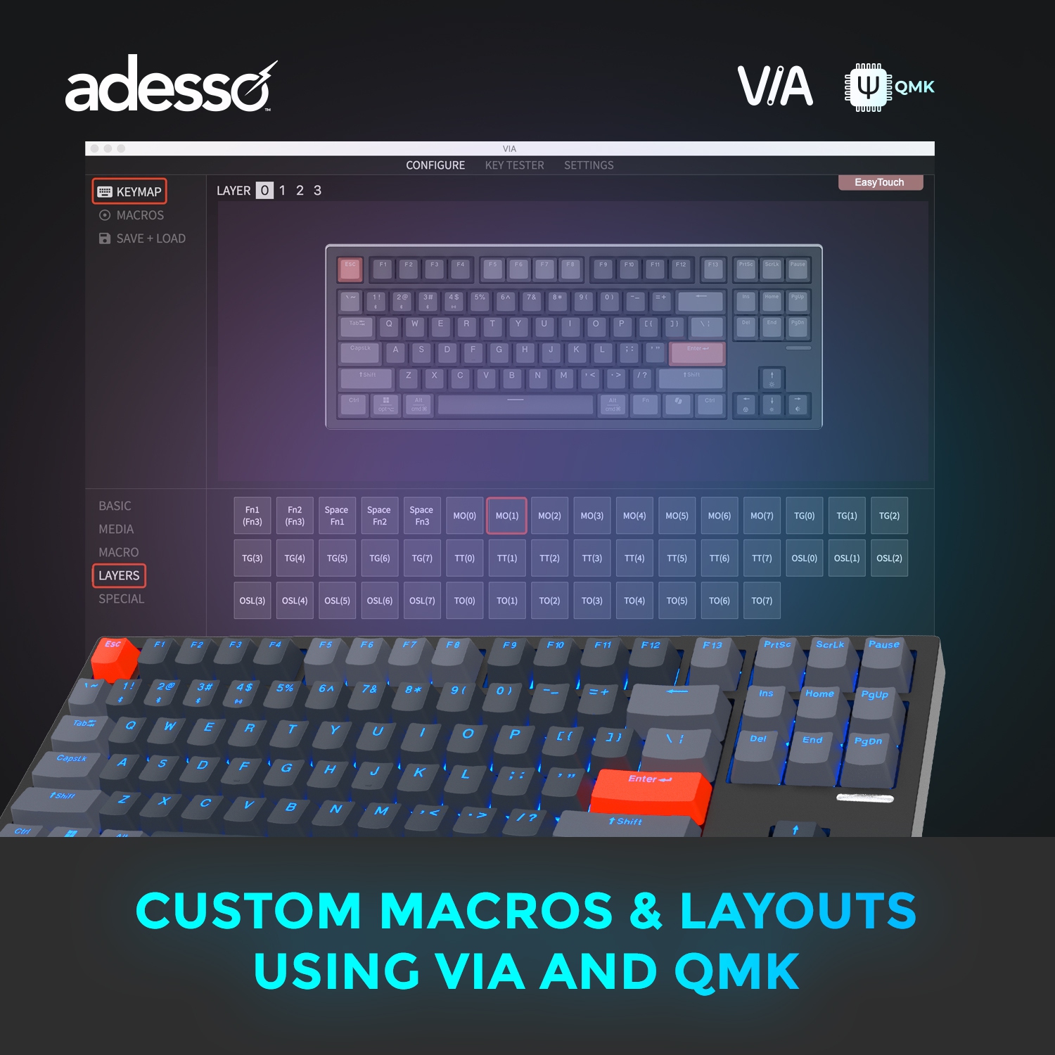 Adesso EasyTouch 1100 Mechanical Keyboard – RGB, Wired/Wireless/Bluetooth, 88-Key, Hot-Swappable, QMK/VIA, Copilot Key