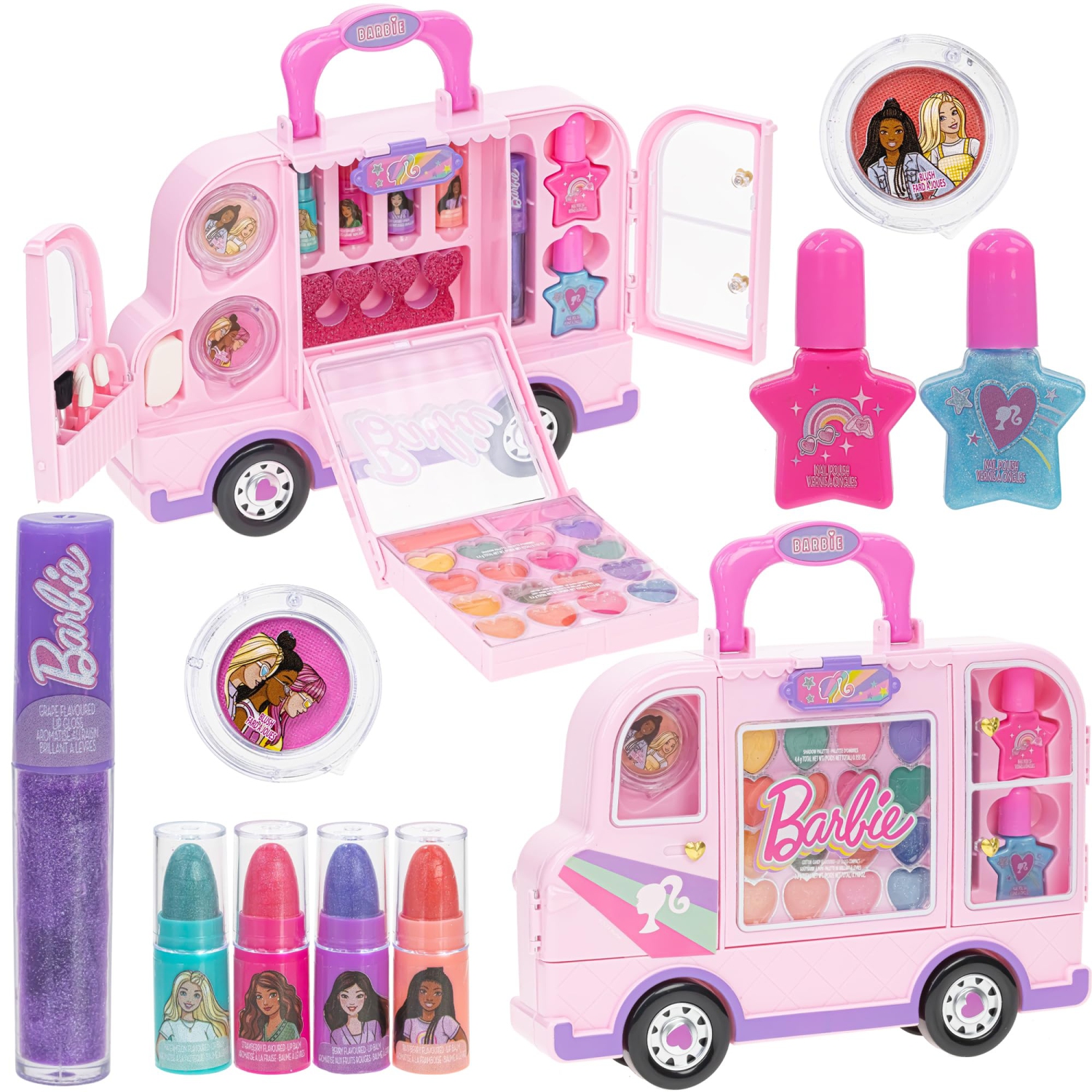 Barbie Van Makeup Kit for Girls, Real Washable Toy Makeup Set, Barbie Gift, Play Makeup and Pretend Play Toys Ages 6 7 8