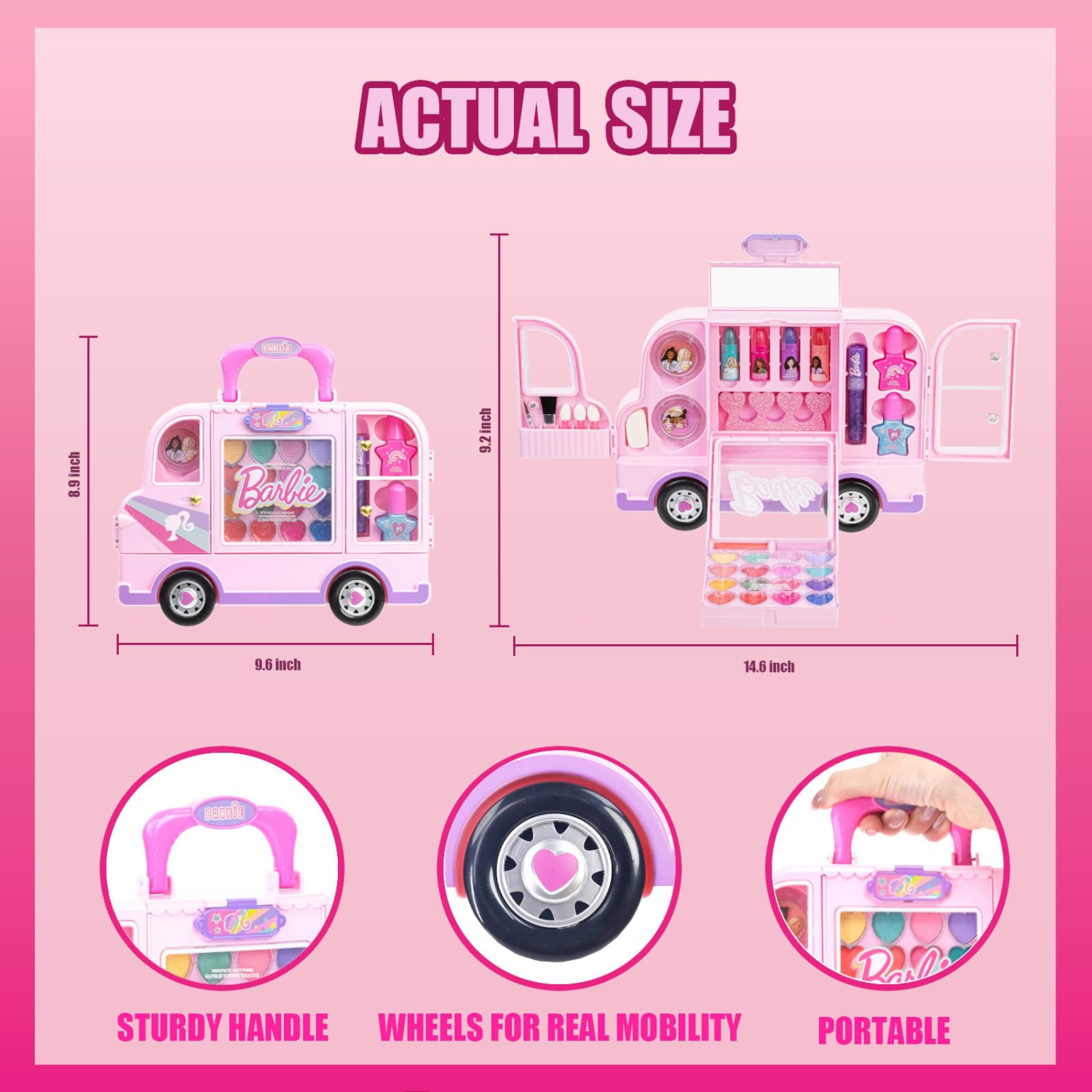 Barbie Van Makeup Kit for Girls, Real Washable Toy Makeup Set, Barbie Gift, Play Makeup and Pretend Play Toys Ages 6 7 8