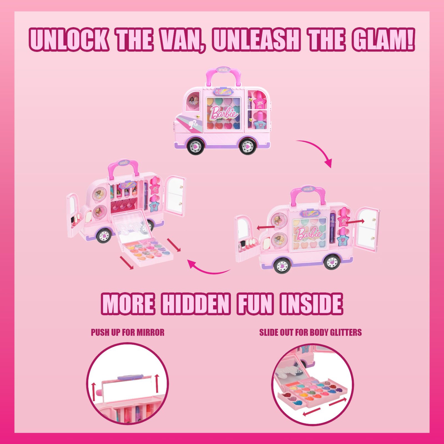 Barbie Van Makeup Kit for Girls, Real Washable Toy Makeup Set, Barbie Gift, Play Makeup and Pretend Play Toys Ages 6 7 8