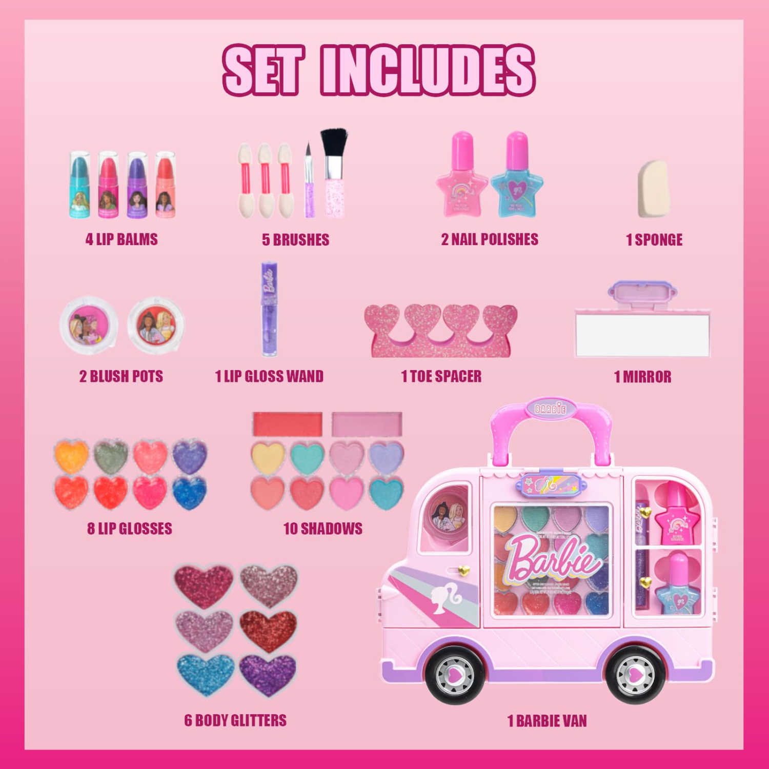 Barbie Van Makeup Kit for Girls, Real Washable Toy Makeup Set, Barbie Gift, Play Makeup and Pretend Play Toys Ages 6 7 8