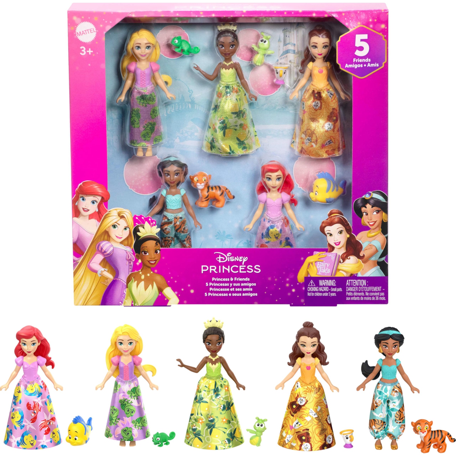 Mattel Disney Princess & Friends Set with 5 Posable Small Dolls in Removable Skirts or Pants & 5 Friend Figures, Inspire