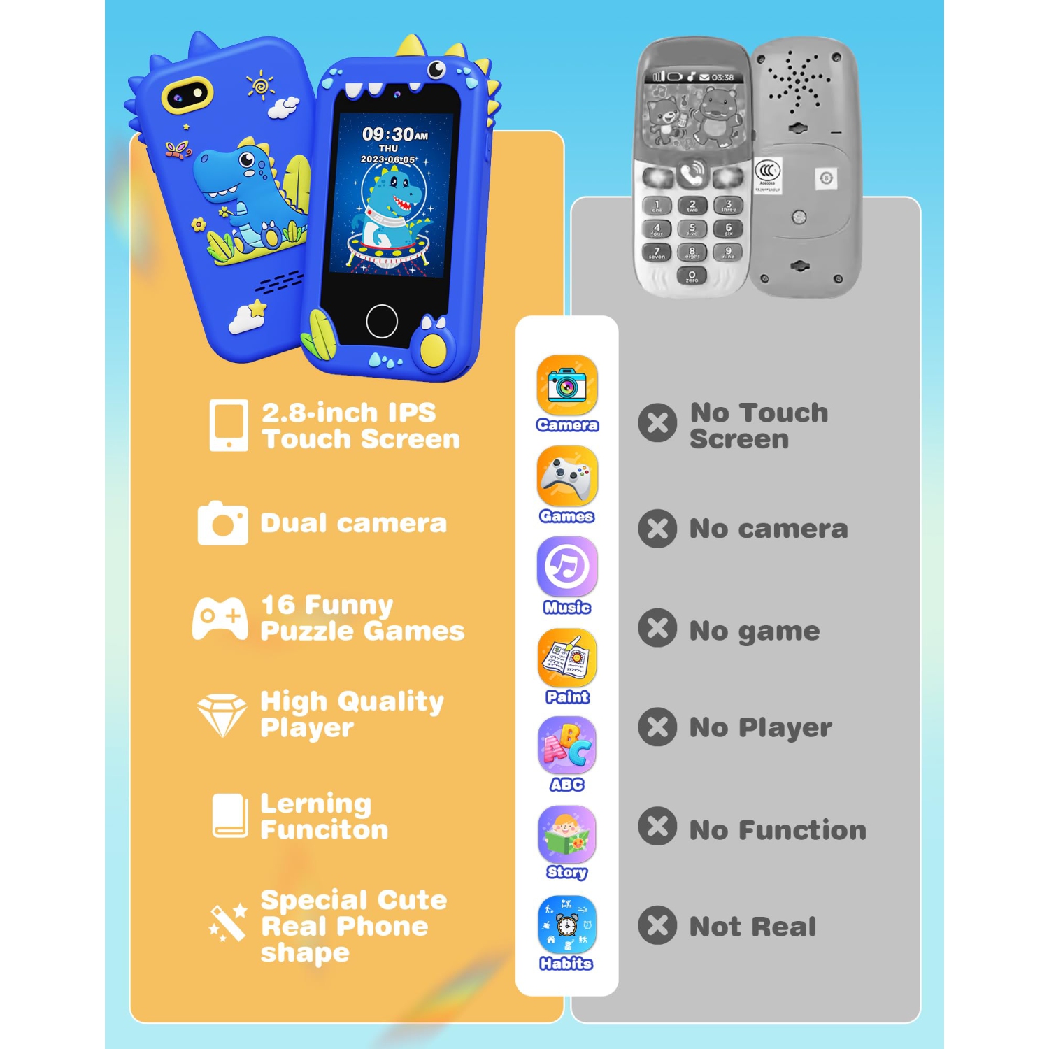 Toys for Boys Kids Phone Dinosaur Gift for Boys, Educational Learning Boys Toys with Camera Games Music Torch Function,