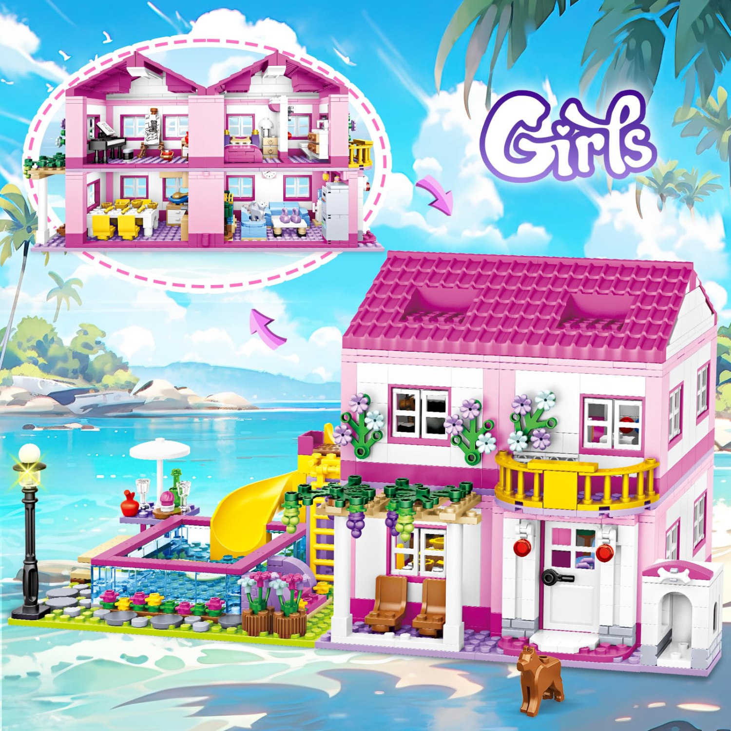 Ensemble de construction Pink Girls Summer Villa Friends Compatible avec le jouet éducatif de construction LEGO Friends pour enfants de 8-12 ans
