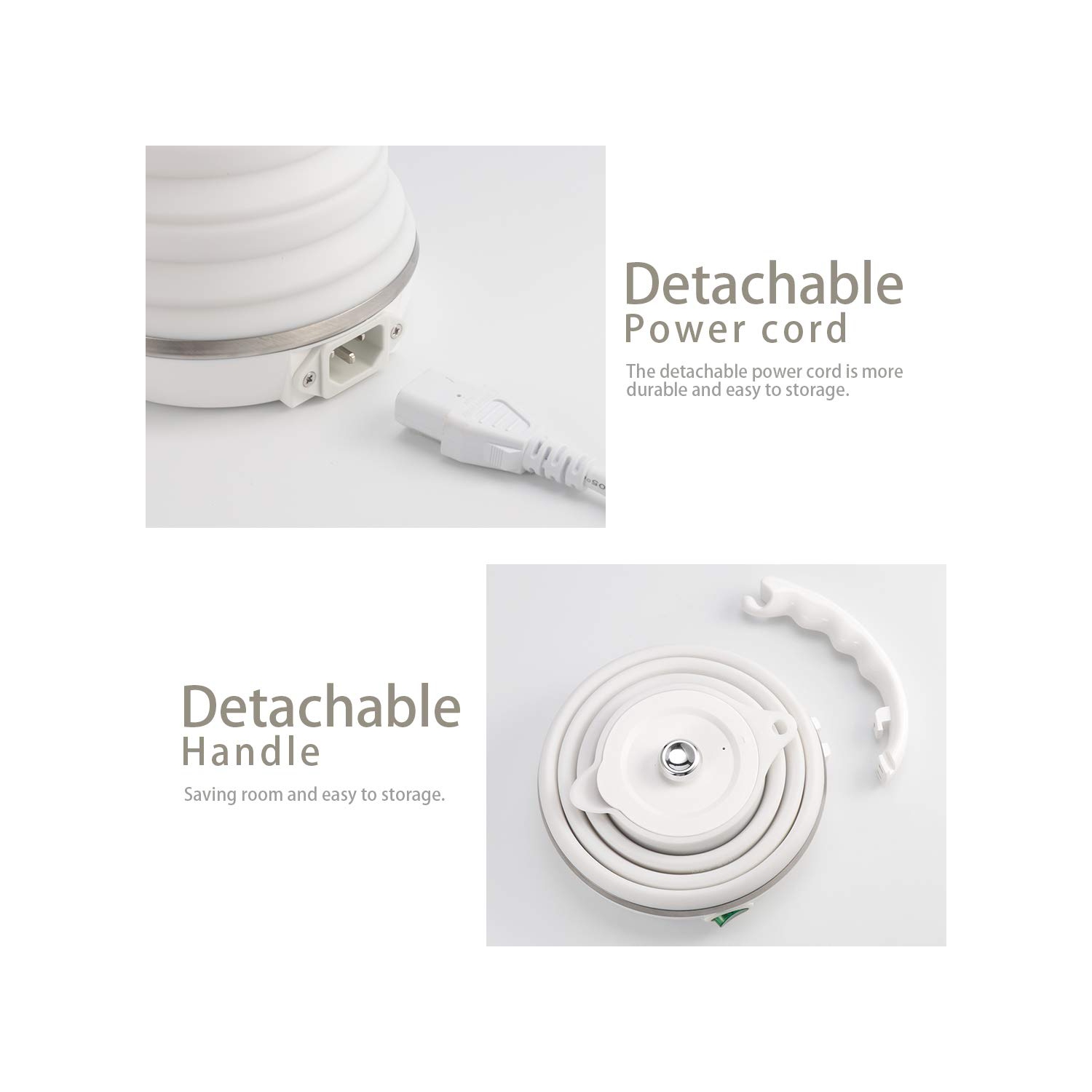 120V 555ML Ultrathin Travel Foldable Electric Kettle with Separable Power Cord and Handle, Boil Dry Protection, Food Gra