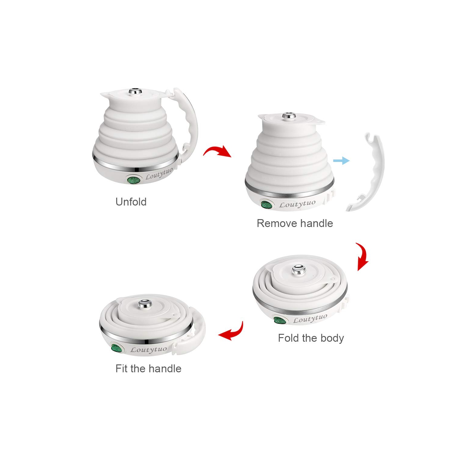 120V 555ML Ultrathin Travel Foldable Electric Kettle with Separable Power Cord and Handle, Boil Dry Protection, Food Gra