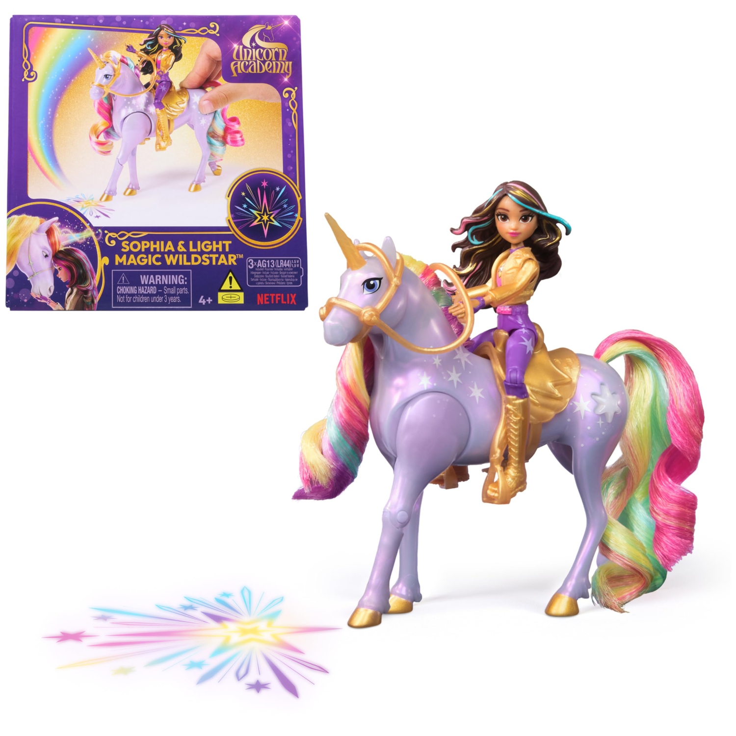 Unicorn Academy, Sophia & Light Magic Wildstar with Rainbow Light-up Effects, 2 Riding Accessories, Dolls & Unicorn Toys