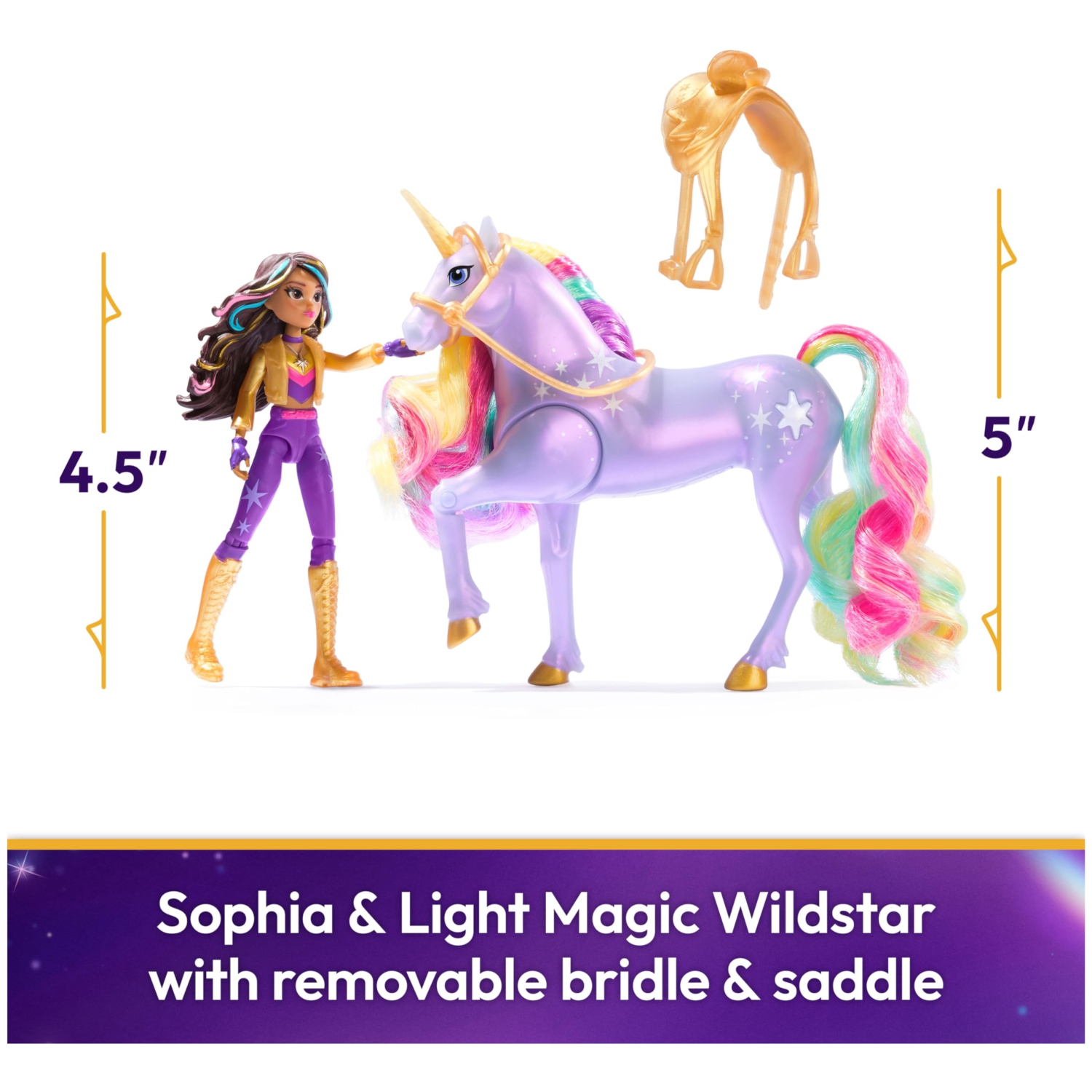 Unicorn Academy, Sophia & Light Magic Wildstar with Rainbow Light-up Effects, 2 Riding Accessories, Dolls & Unicorn Toys