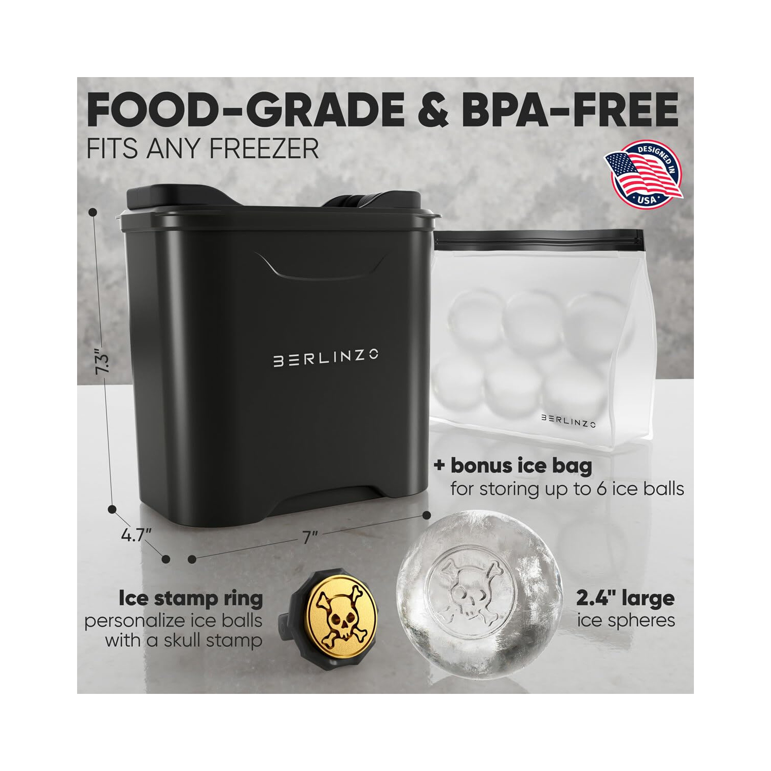 Berlinzo Premium Clear Ice Ball Maker [2024 Upgraded] - 2 Large 2.4-inch Crystal Clear Ice Balls for Whiskey Cocktail, E