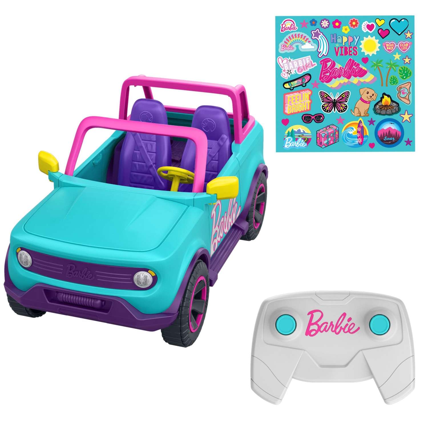 VUS téléguidé Barbie Hot Wheels, véhicule rose télécommandé pouvant contenir 2 poupées et accessoires mode, comprend Stic appliqué par les enfants