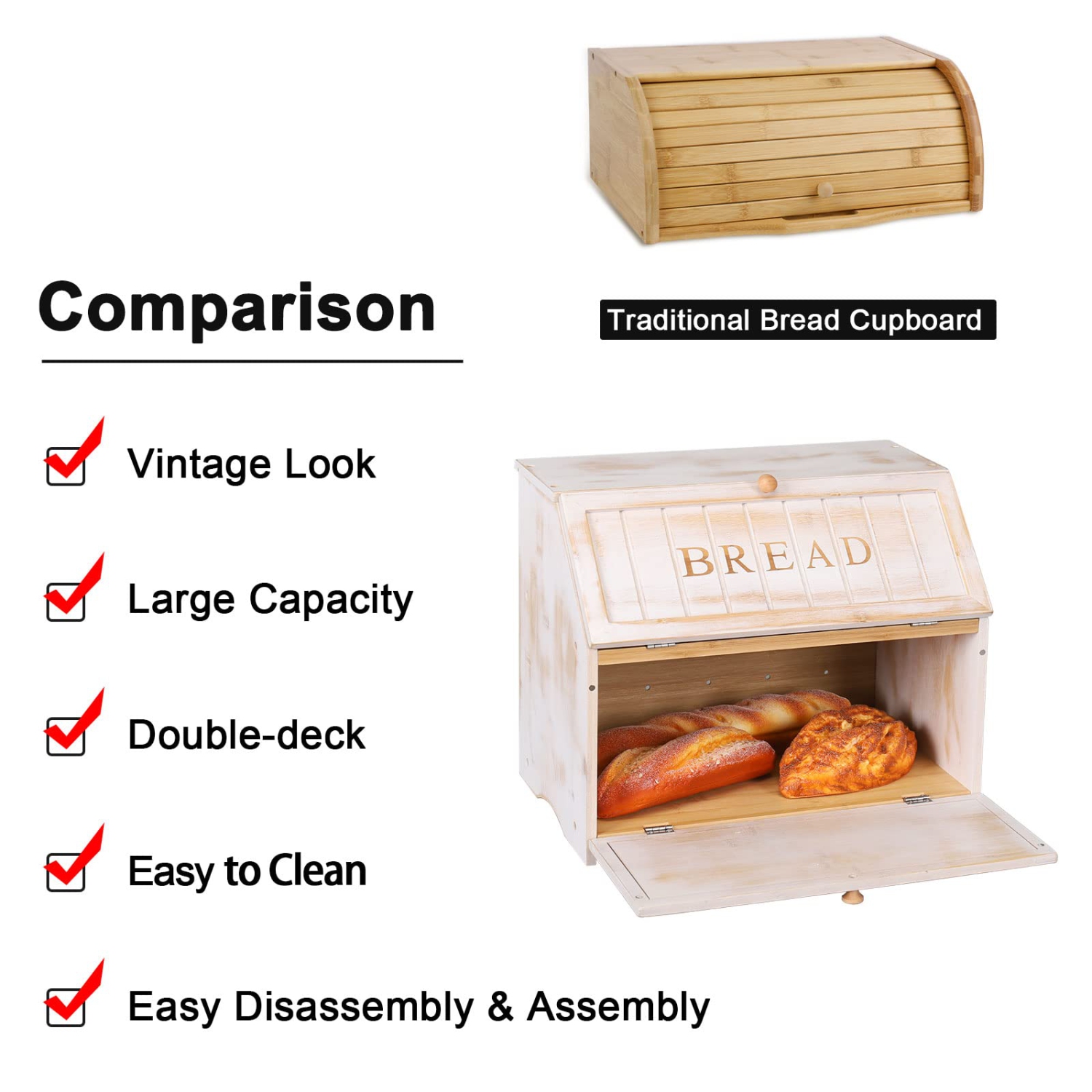 HOMEKOKO Vintage Double Layer Large Bread Box for Kitchen Counter, Retro Design Vintage Wooden Large Capacity Bread Stor