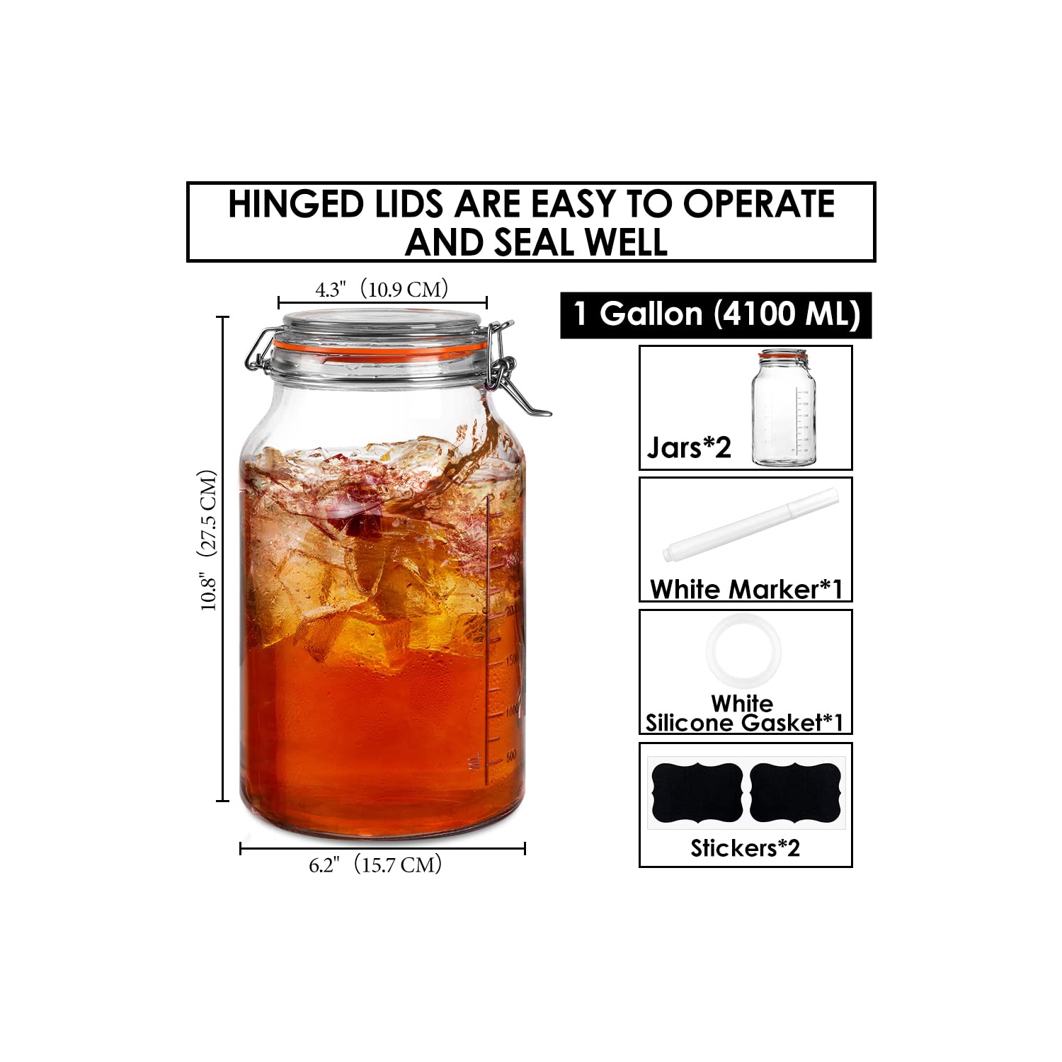 Super Wide-Mouth 1 Gallon Glass Jars with Hinged Lids, 4100 ML Leak-proof Large Mason Jars with Lids and 2 Measurement M