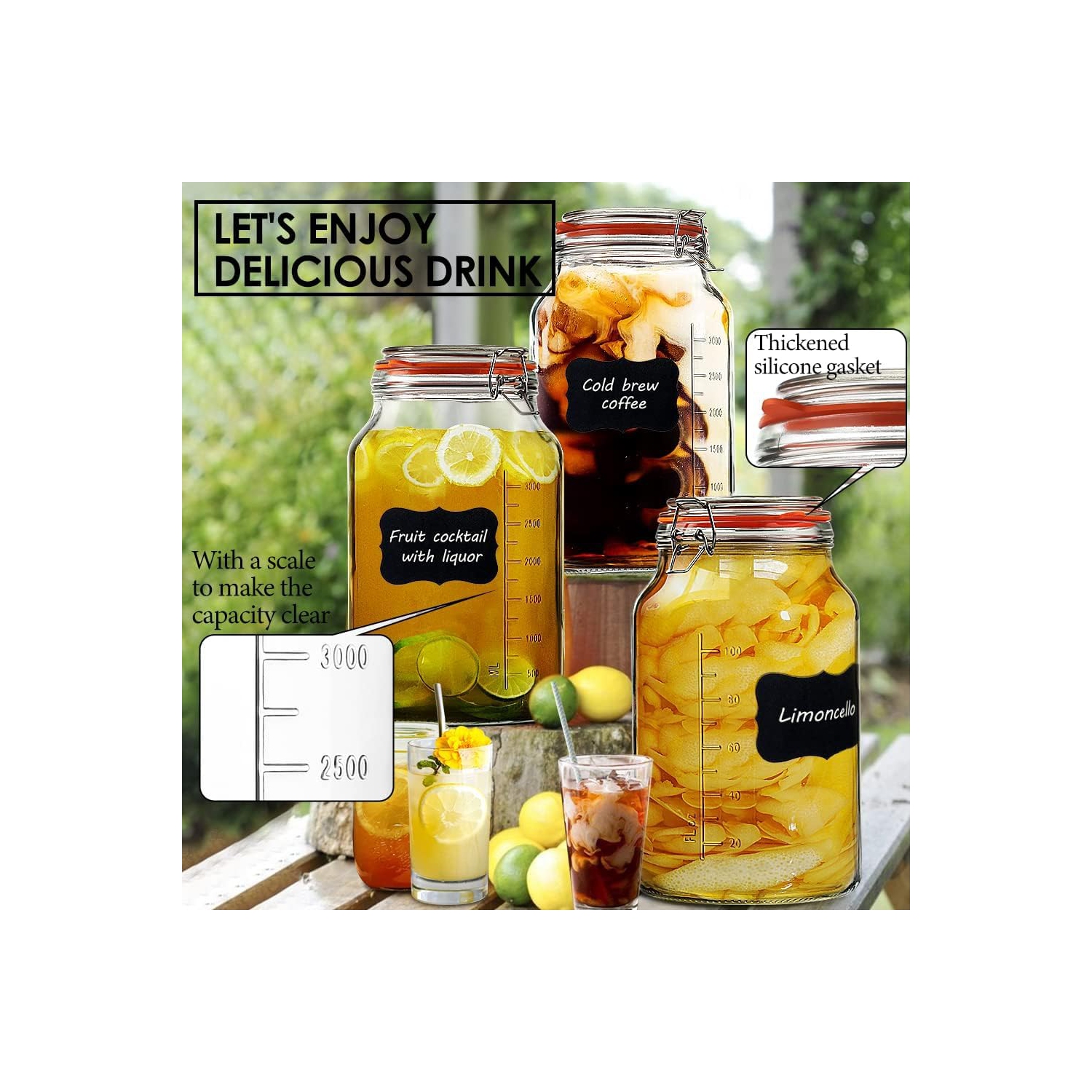 Super Wide-Mouth 1 Gallon Glass Jars with Hinged Lids, 4100 ML Leak-proof Large Mason Jars with Lids and 2 Measurement M