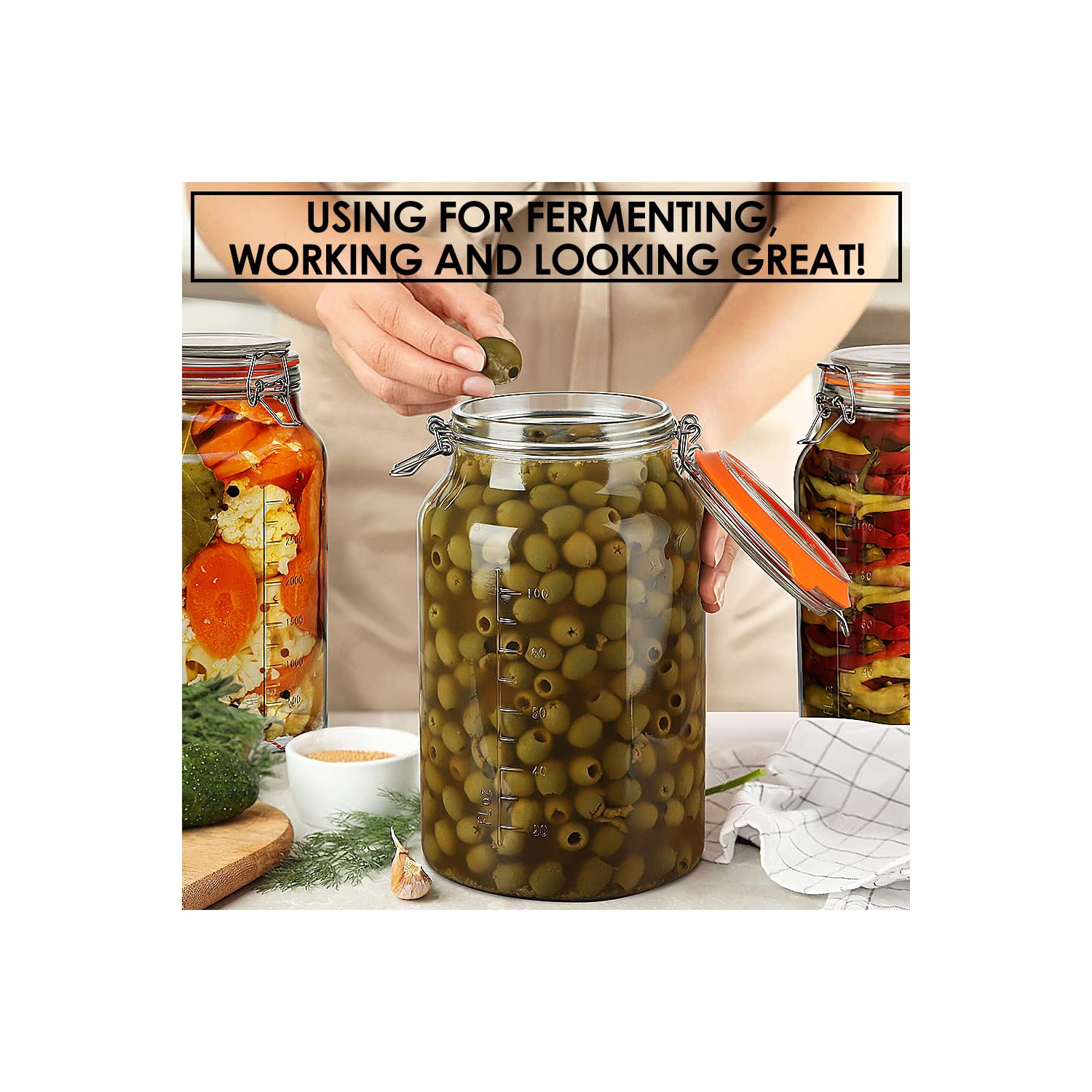 Super Wide-Mouth 1 Gallon Glass Jars with Hinged Lids, 4100 ML Leak-proof Large Mason Jars with Lids and 2 Measurement M