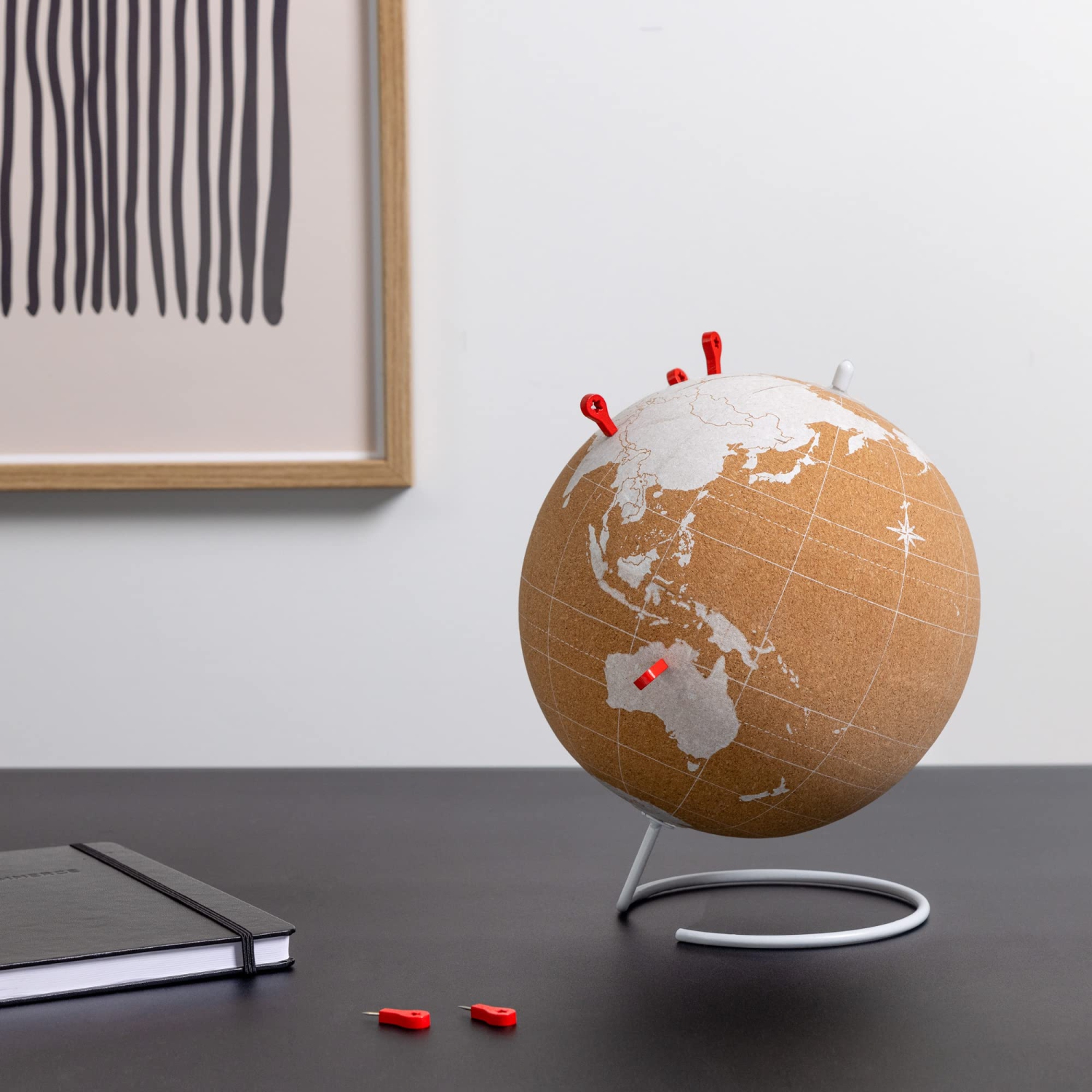 Navaris Cork Globe with Pins - 8" Globe Travel Decor World Map with Push Pin Markers - Includes 10 Wood Location Marker