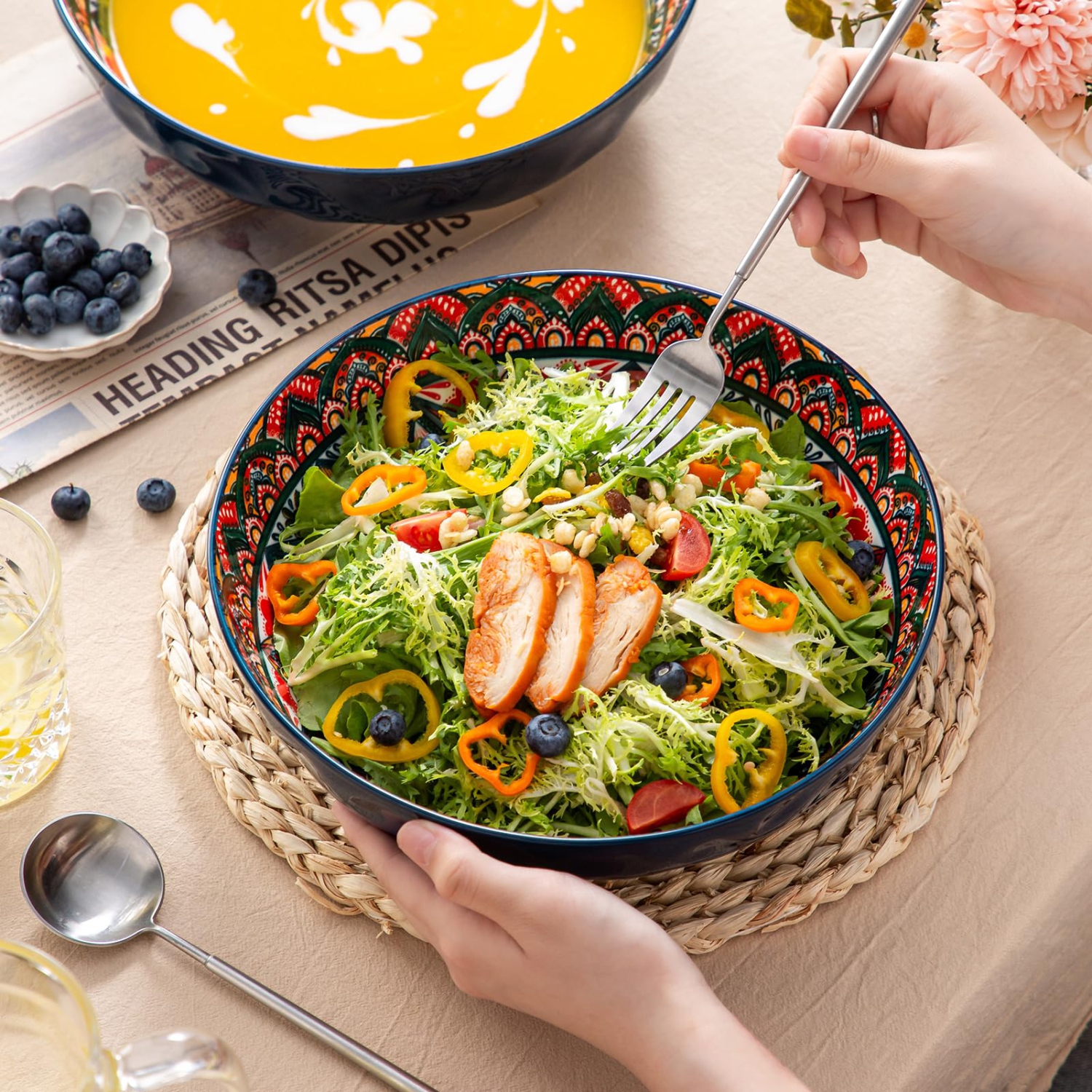 Grands bols DE service YUN TAO, bols à salade de fruits 10&nbsp;po, ensemble de 2 bols à pâtes de 75 oz, plats de service décoratifs pour Entertai