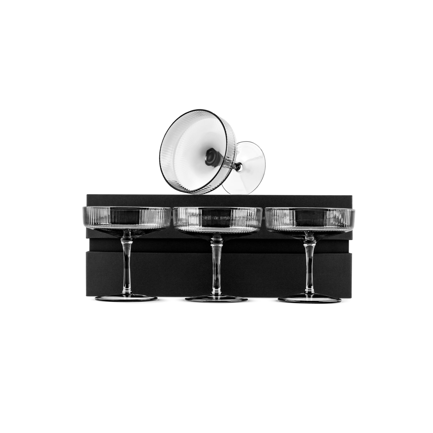 Vintage Art Deco Smoke Black Coupe Glasses | Set of 4 | 7 oz Ribbed Cocktail Glassware for Drinking Champagne, Martini,