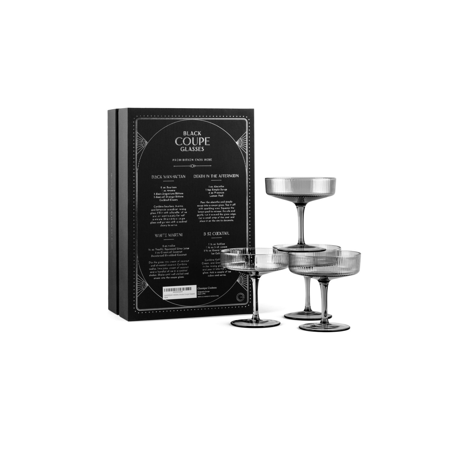 Vintage Art Deco Smoke Black Coupe Glasses | Set of 4 | 7 oz Ribbed Cocktail Glassware for Drinking Champagne, Martini,