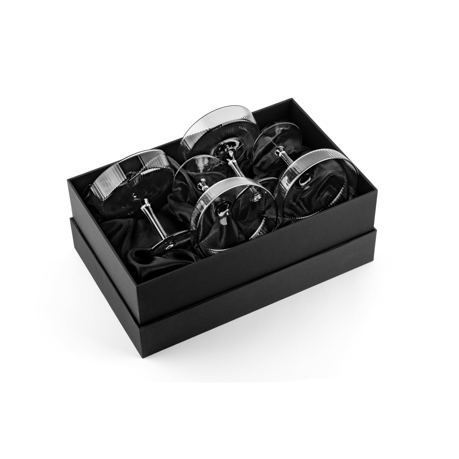 Vintage Art Deco Smoke Black Coupe Glasses | Set of 4 | 7 oz Ribbed Cocktail Glassware for Drinking Champagne, Martini,