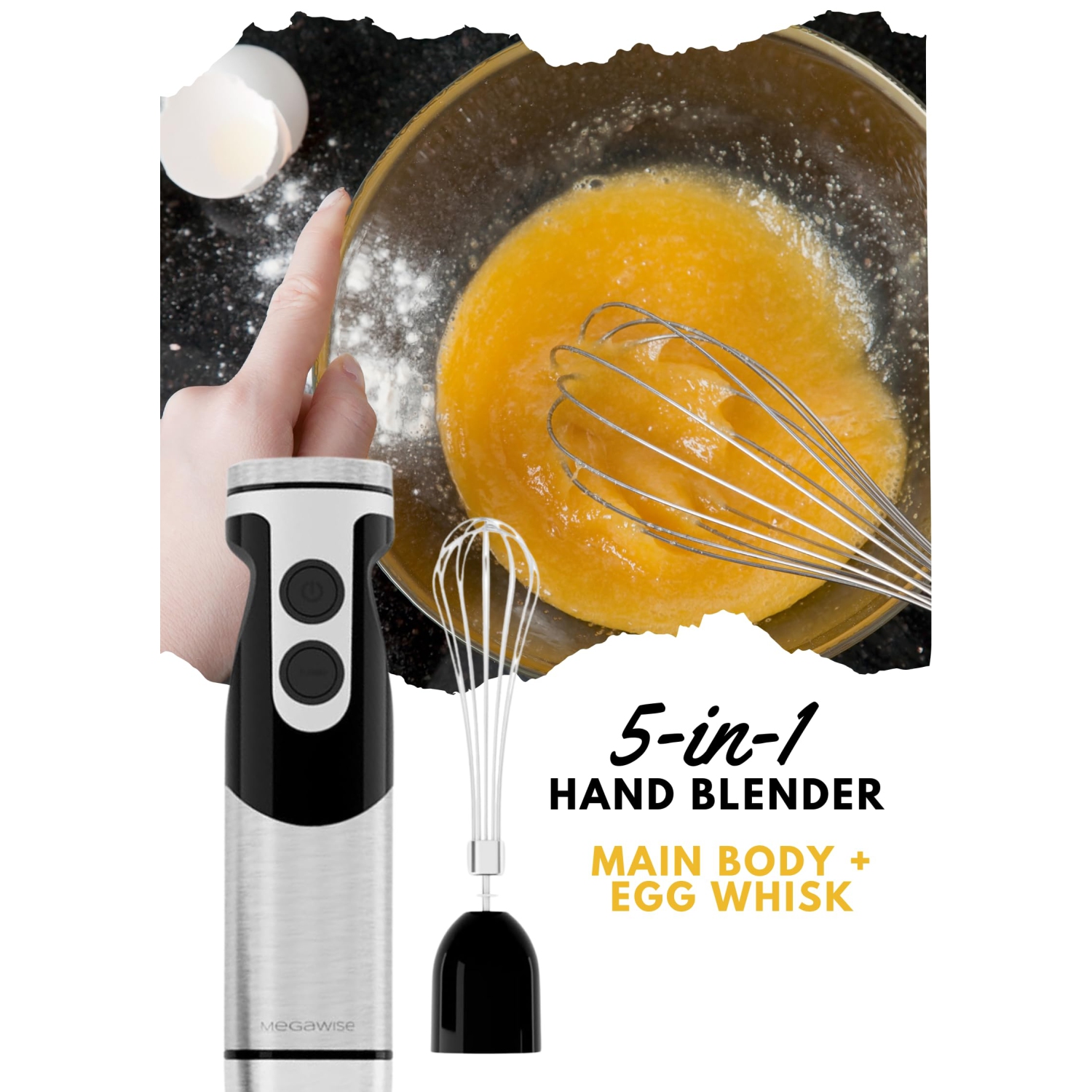 MegaWise Hand Blender Black 5-in-1 immersion Blender12 Speeds and Turbo Mode, Titanium Steel Blades, Handle, with Whisk,