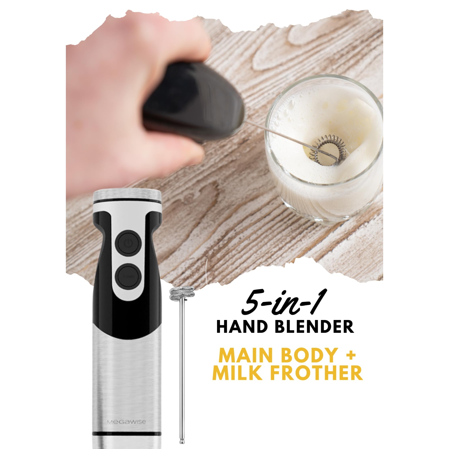 MegaWise Hand Blender Black 5-in-1 immersion Blender12 Speeds and Turbo Mode, Titanium Steel Blades, Handle, with Whisk,