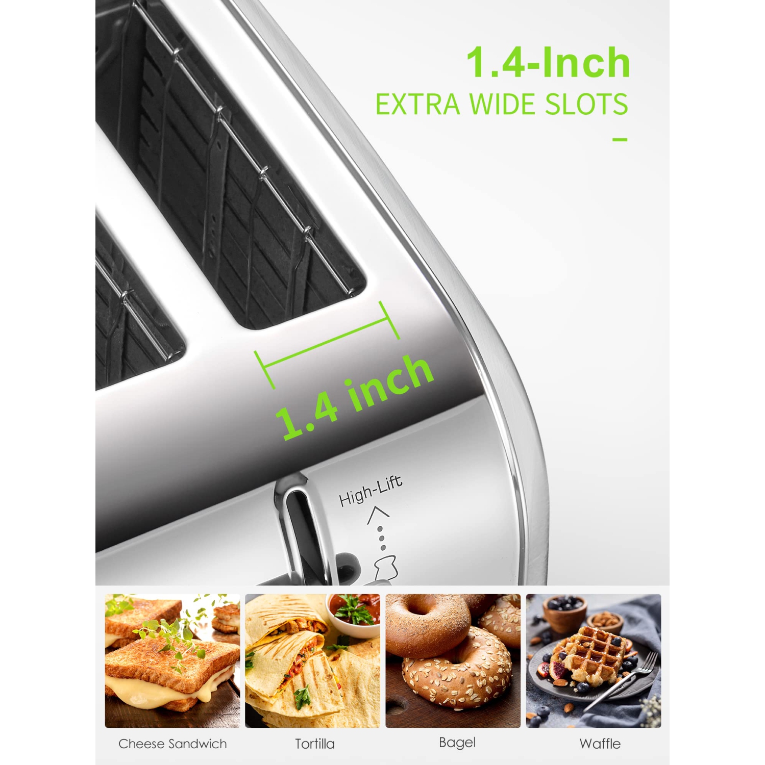 Toaster 4 Slice, Extra Wide Slots, Stainless Steel with High Lift Lever, Bagel and Muffin Function, Removal Crumb Tray,