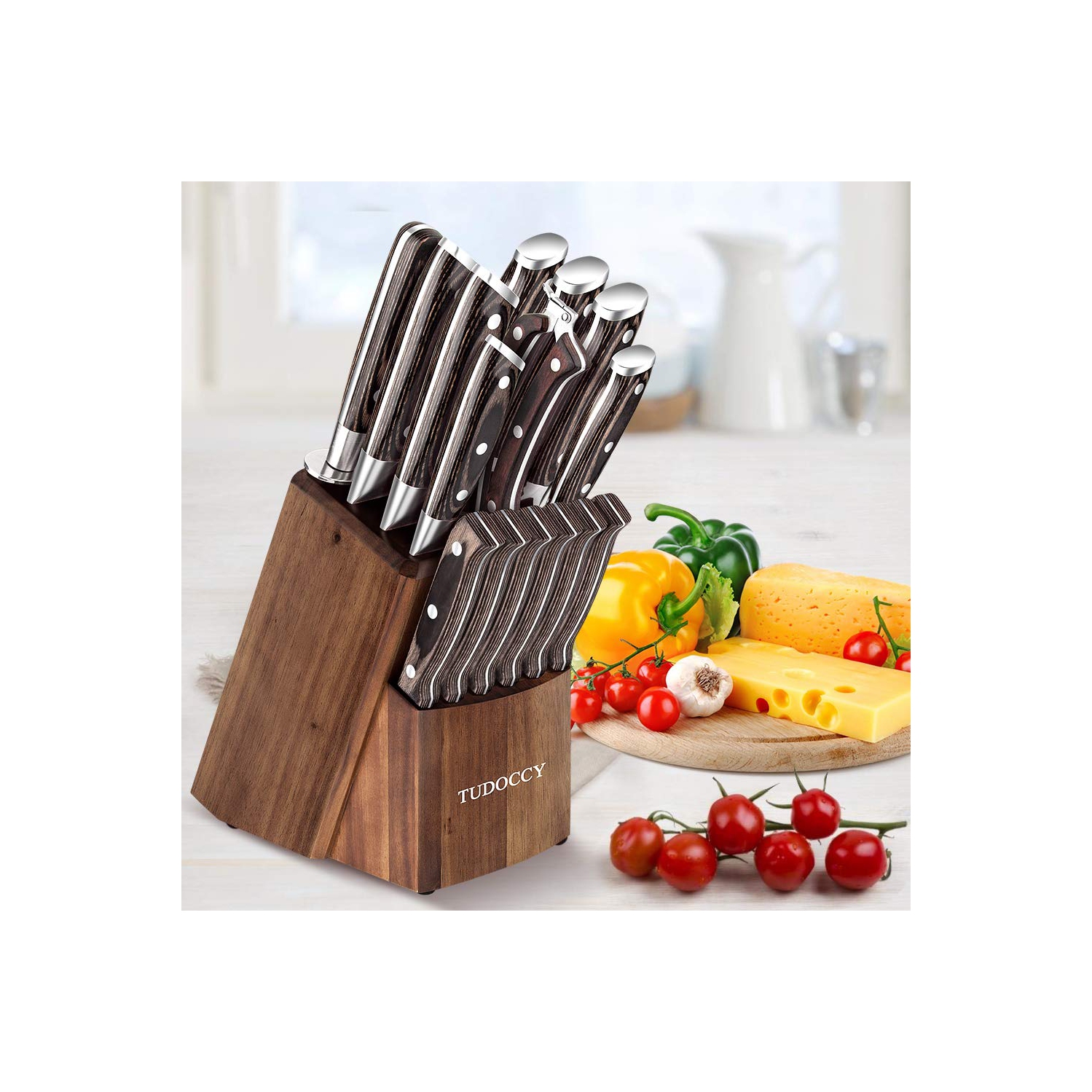 Ensemble de couteaux de cuisine, ensemble de couteaux 16 pièces avec affûteur intégré et bloc en bois, manche en bois de feuillus pour couteau de chef
