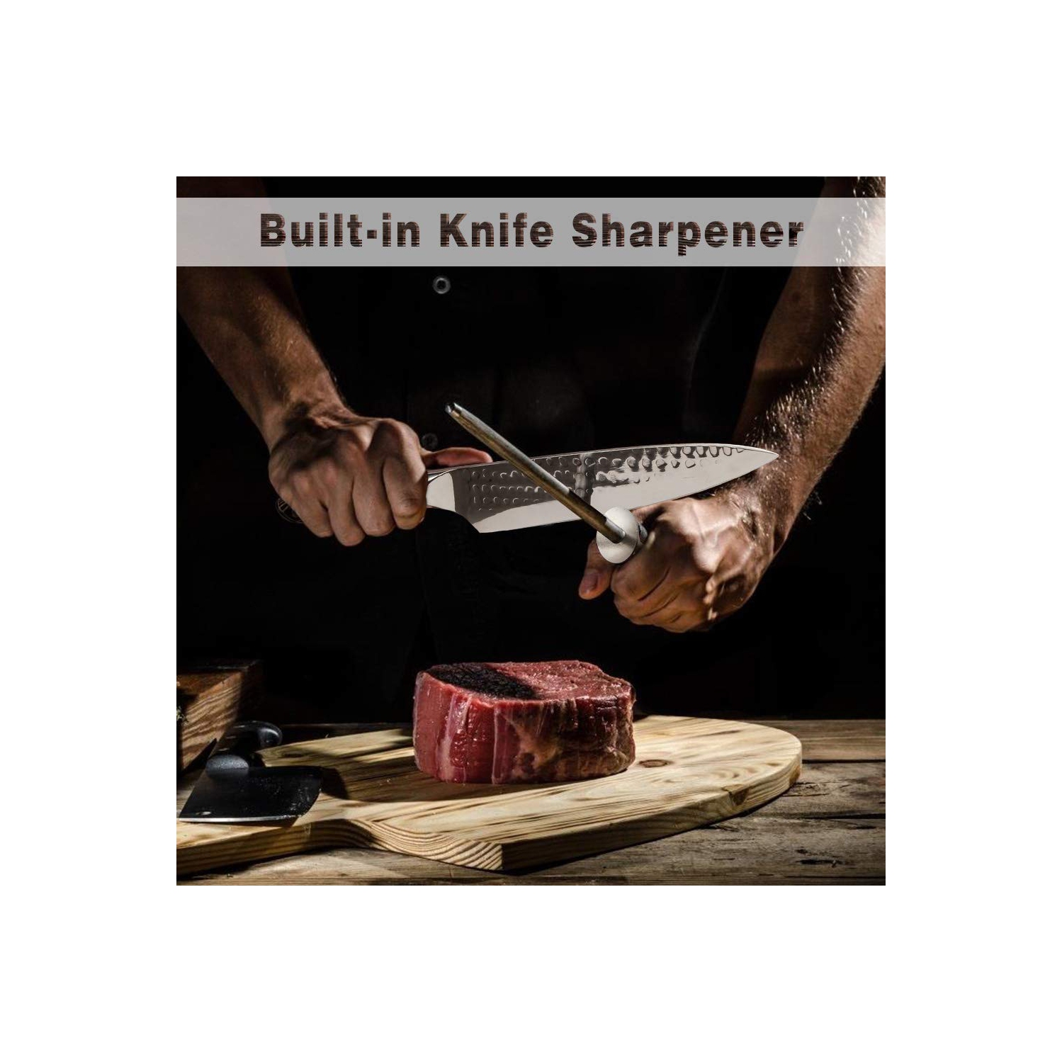 Ensemble de couteaux de cuisine, ensemble de couteaux 16 pièces avec affûteur intégré et bloc en bois, manche en bois de feuillus pour couteau de chef