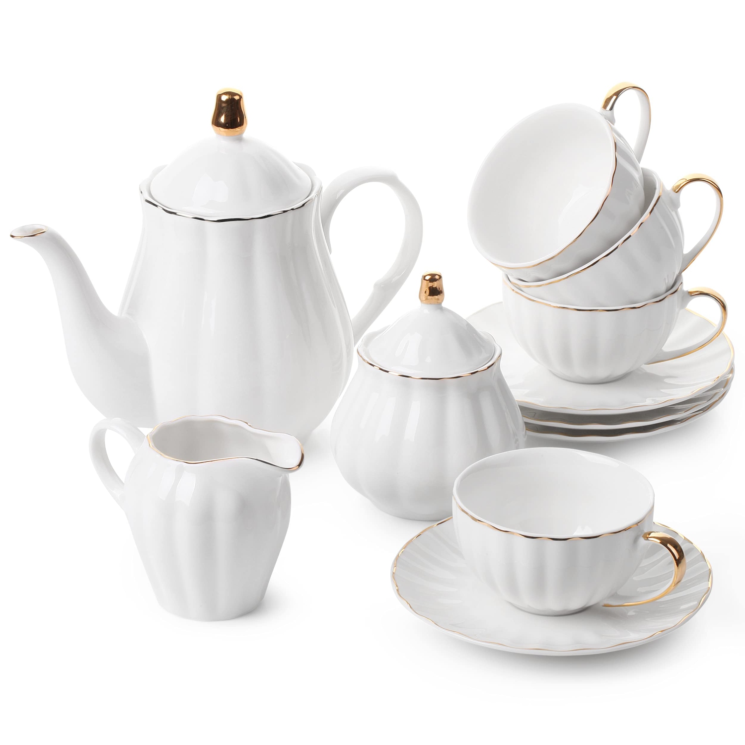 BTaT - Classic Tea Set, 13 pcs, Tea Cups, Tea Pot (32oz), Creamer and Sugar Set, Porcelain Tea Set, White Tea Set,