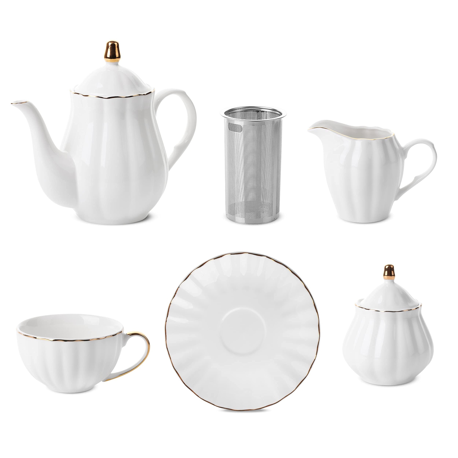 BTaT - Classic Tea Set, 13 pcs, Tea Cups, Tea Pot (32oz), Creamer and Sugar Set, Porcelain Tea Set, White Tea Set,