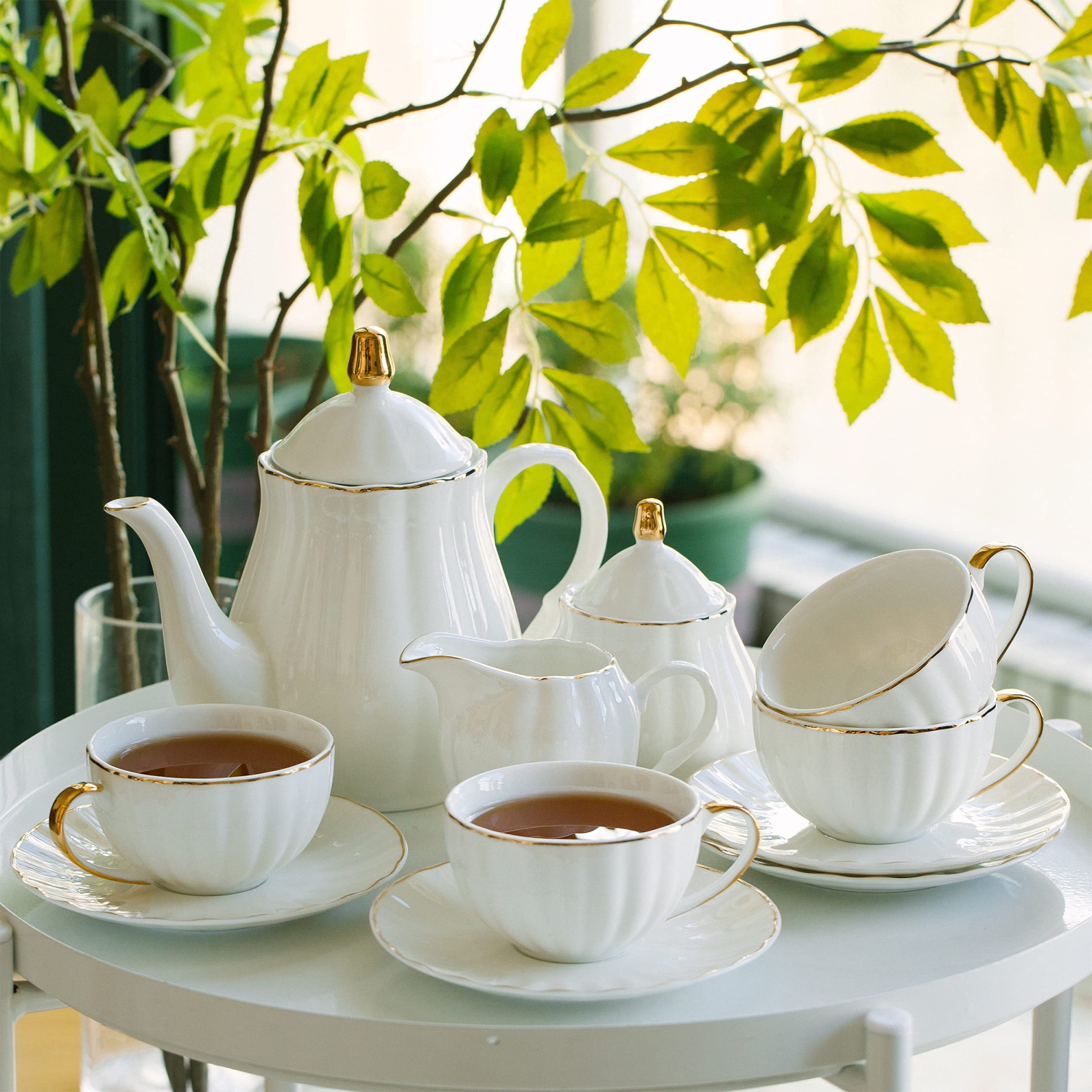 BTaT - Classic Tea Set, 13 pcs, Tea Cups, Tea Pot (32oz), Creamer and Sugar Set, Porcelain Tea Set, White Tea Set,