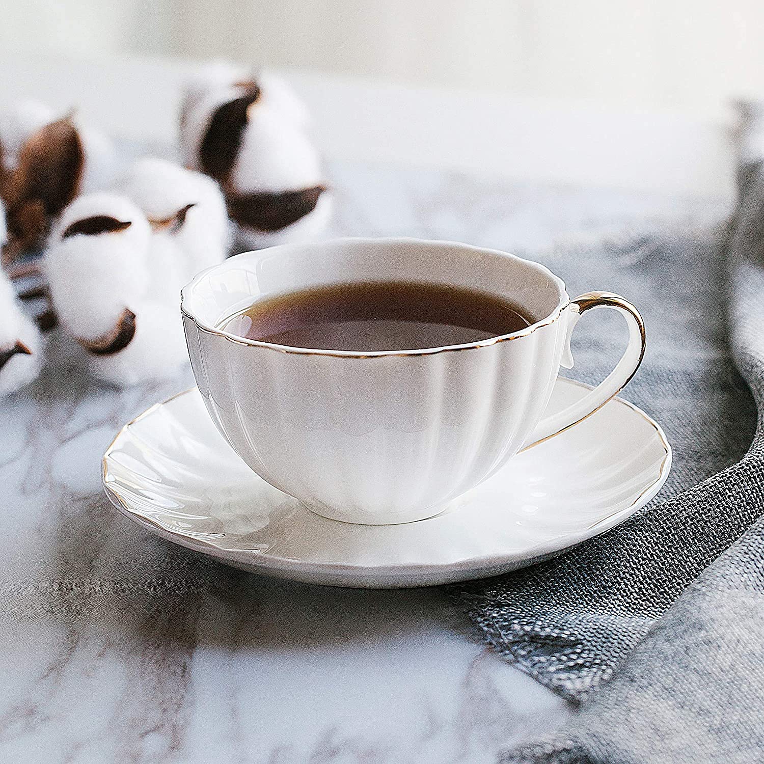 BTaT - Classic Tea Set, 13 pcs, Tea Cups, Tea Pot (32oz), Creamer and Sugar Set, Porcelain Tea Set, White Tea Set,