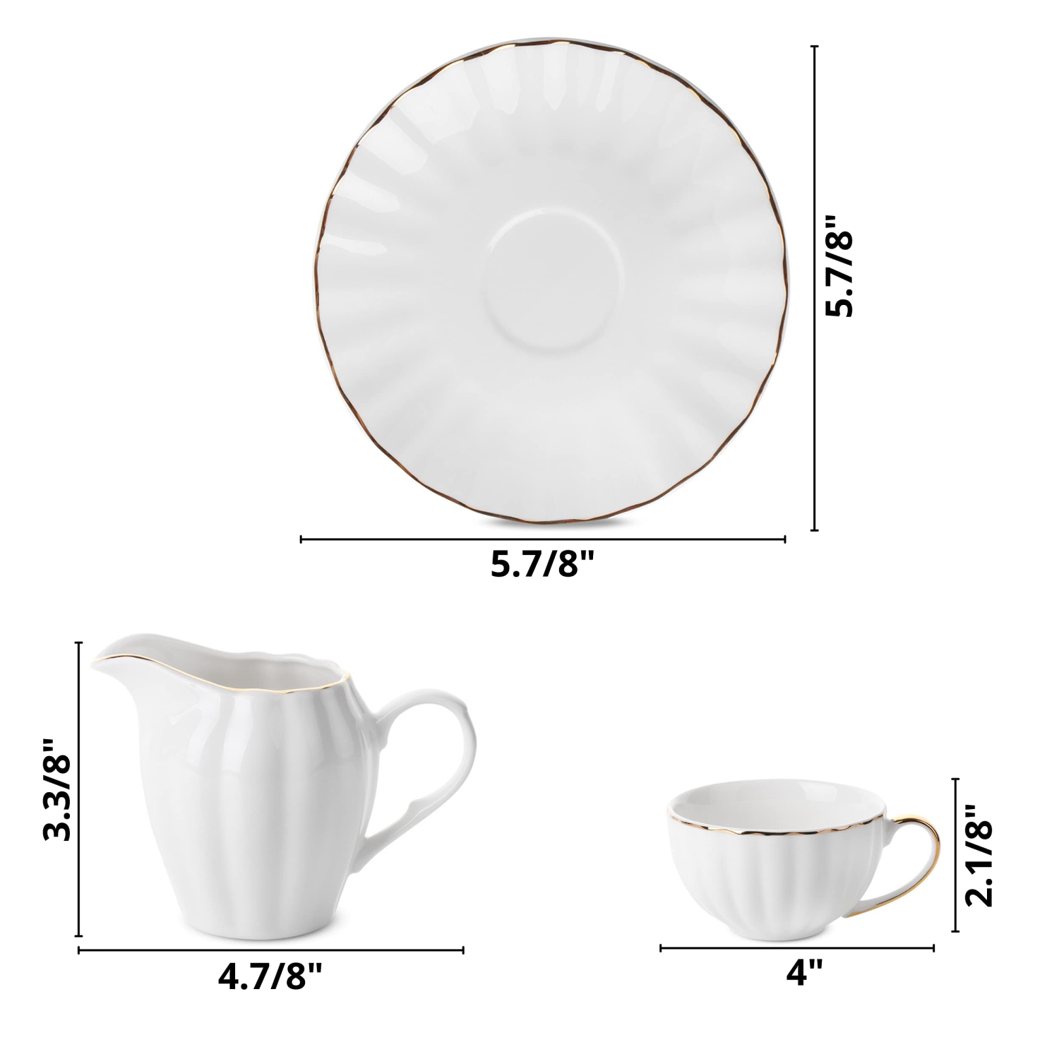 BTaT - Classic Tea Set, 13 pcs, Tea Cups, Tea Pot (32oz), Creamer and Sugar Set, Porcelain Tea Set, White Tea Set,