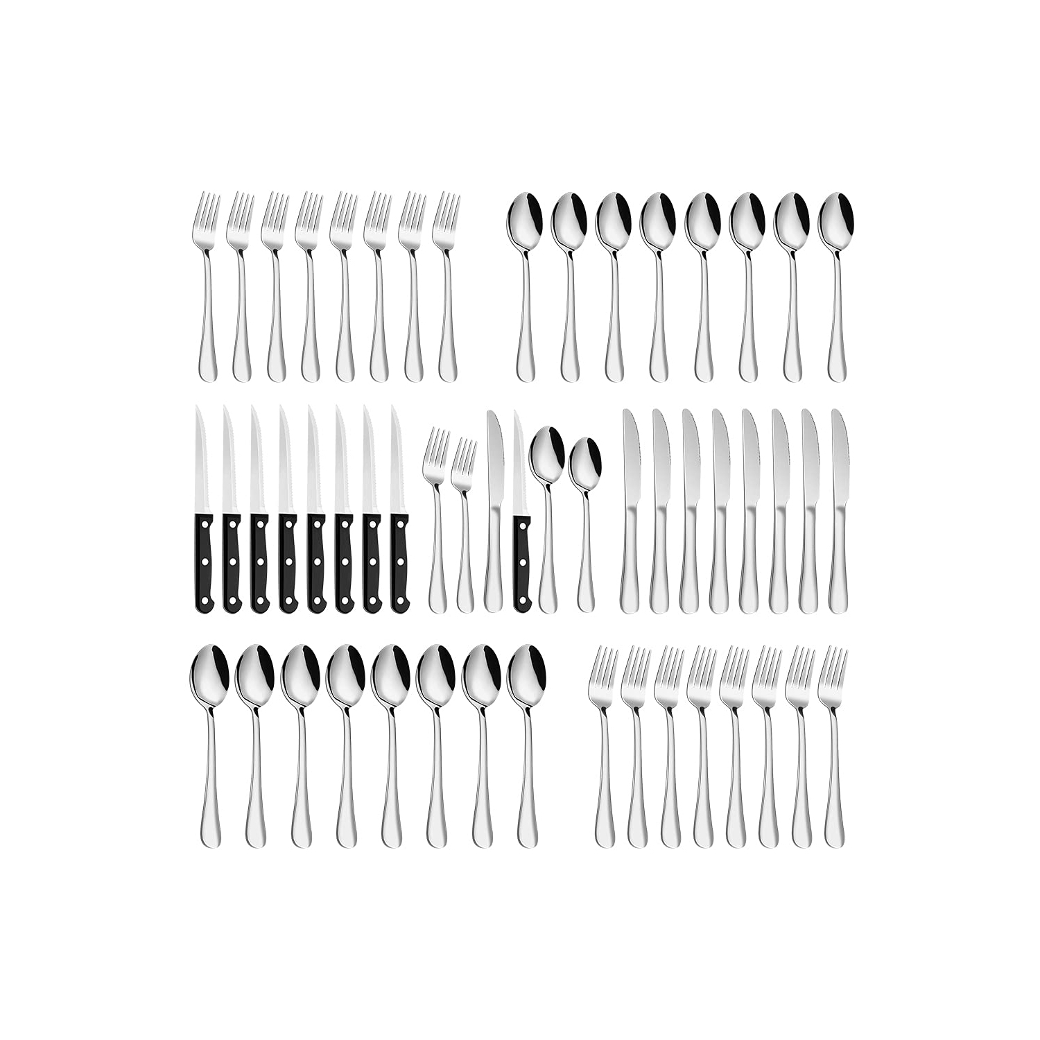 Silverware Set, MASSUGAR 48-Piece Silverware Utensil Set with Steak Knives for 8, Stainless Steel Flatware Cutlery Set f