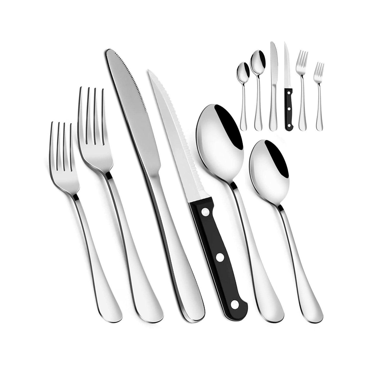 Silverware Set, MASSUGAR 48-Piece Silverware Utensil Set with Steak Knives for 8, Stainless Steel Flatware Cutlery Set f