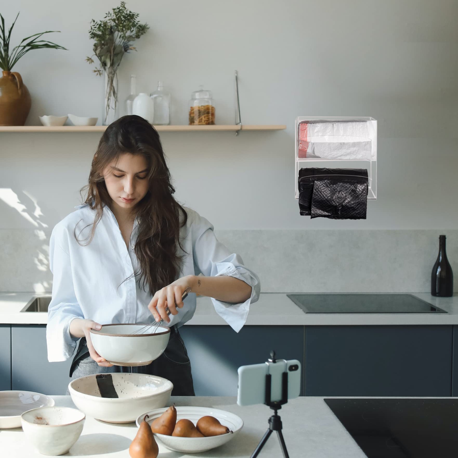 SEANADO – Porte-dévidoir pour sac à déchets, 2 compartiments mural en acrylique pour cuisine, double compartiment de rangement à chargement latéral Ho