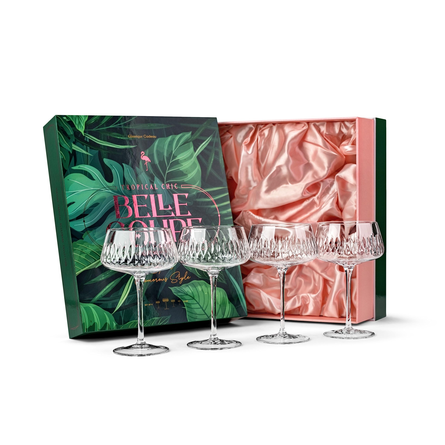 Vintage Flamingo Belle Coupe Glasses for Cocktails and Champagne | Tropical Chic Glassware Collection | Set of 4 | 12 oz