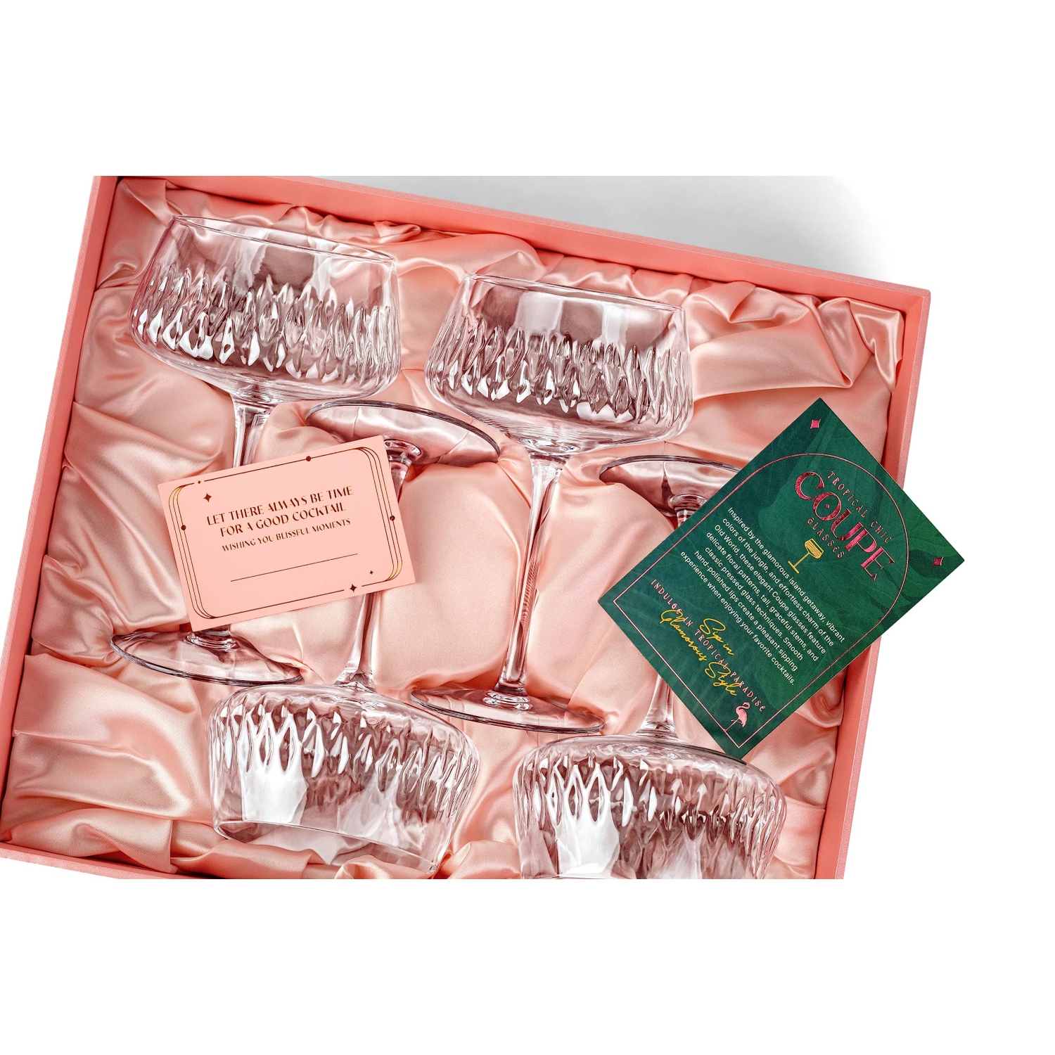 Vintage Flamingo Belle Coupe Glasses for Cocktails and Champagne | Tropical Chic Glassware Collection | Set of 4 | 12 oz