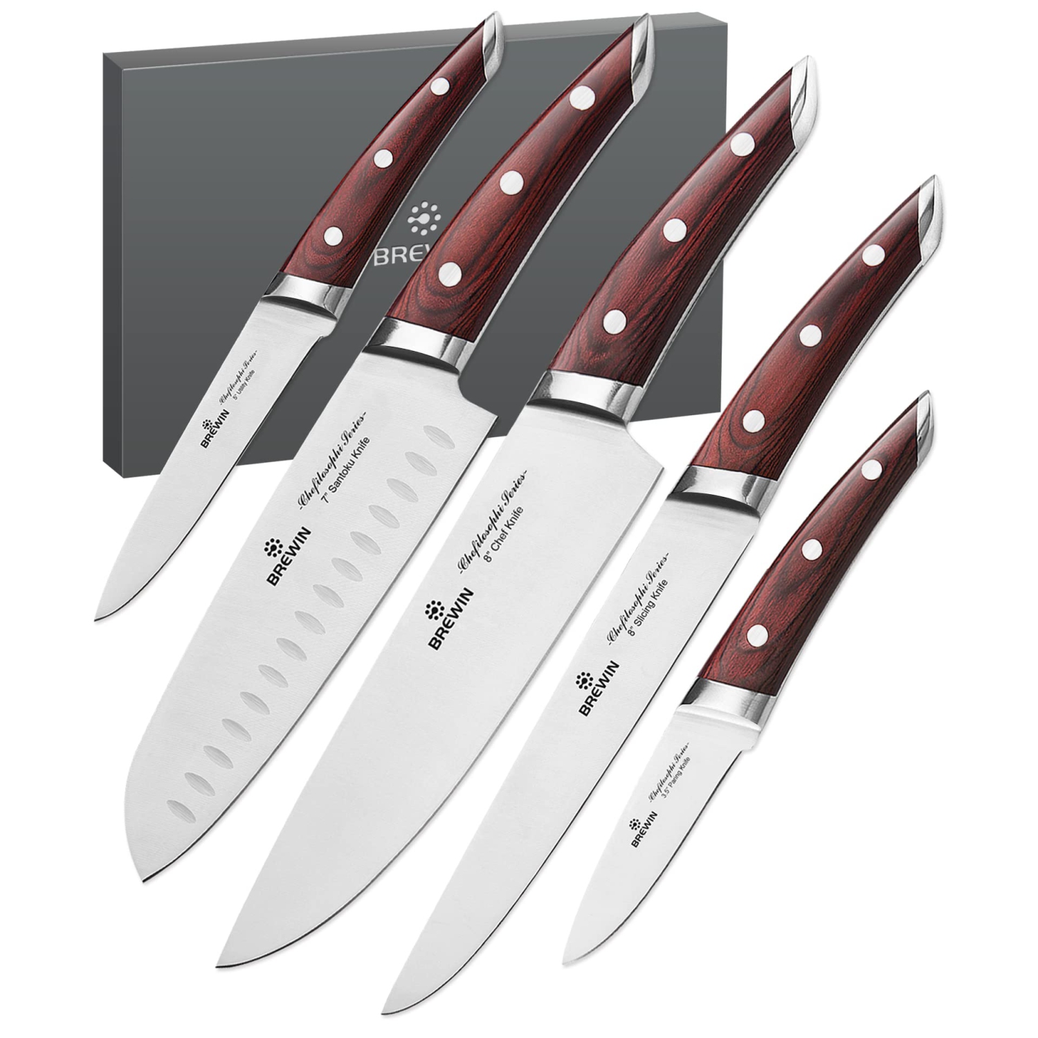 Brewin Chef Knife Set 5 PCS Chefilosophi Series with Elegant Red Pakkawood Handle Ergonomic Design,Professional Ultra Sh