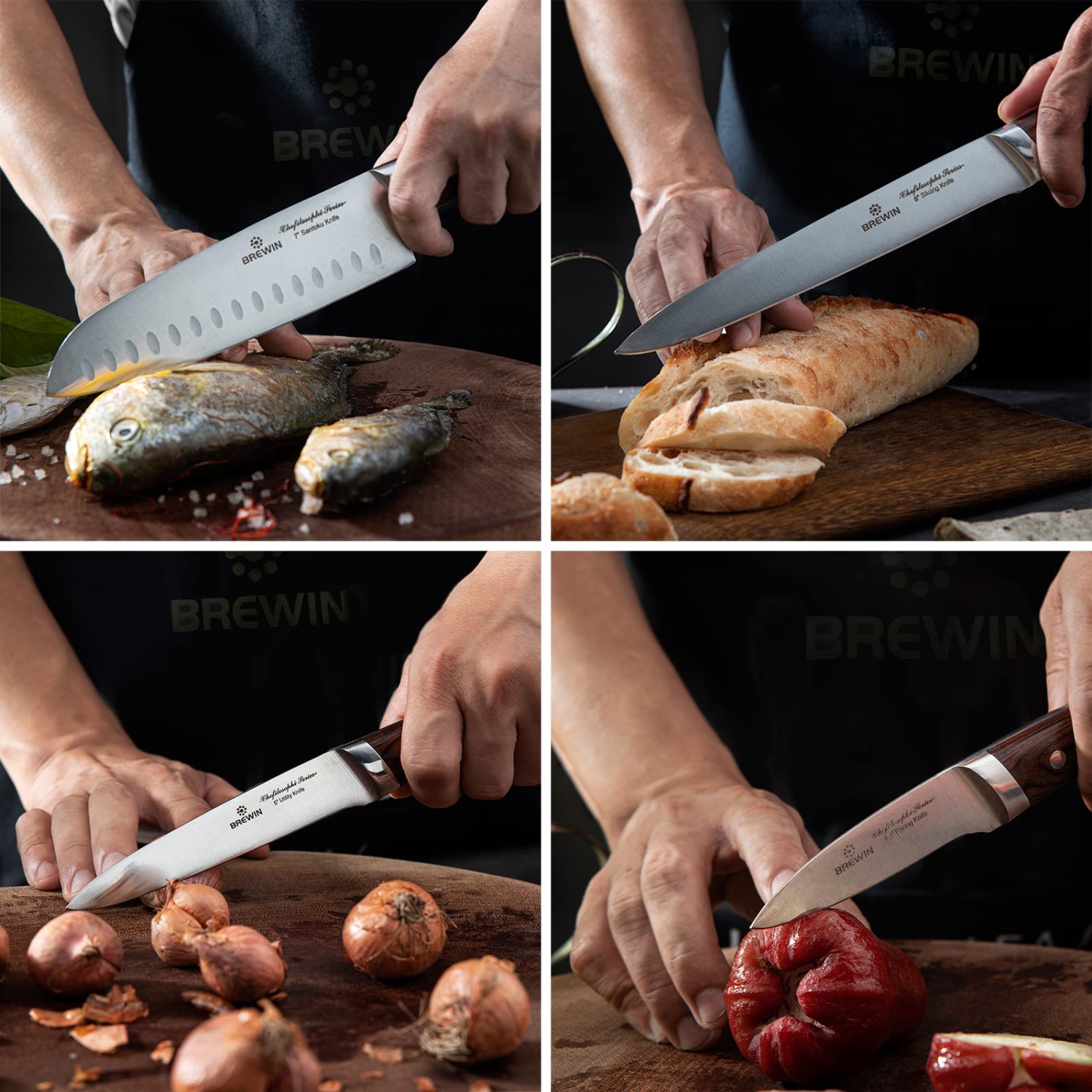 Brewin Chef Knife Set 5 PCS Chefilosophi Series with Elegant Red Pakkawood Handle Ergonomic Design,Professional Ultra Sh